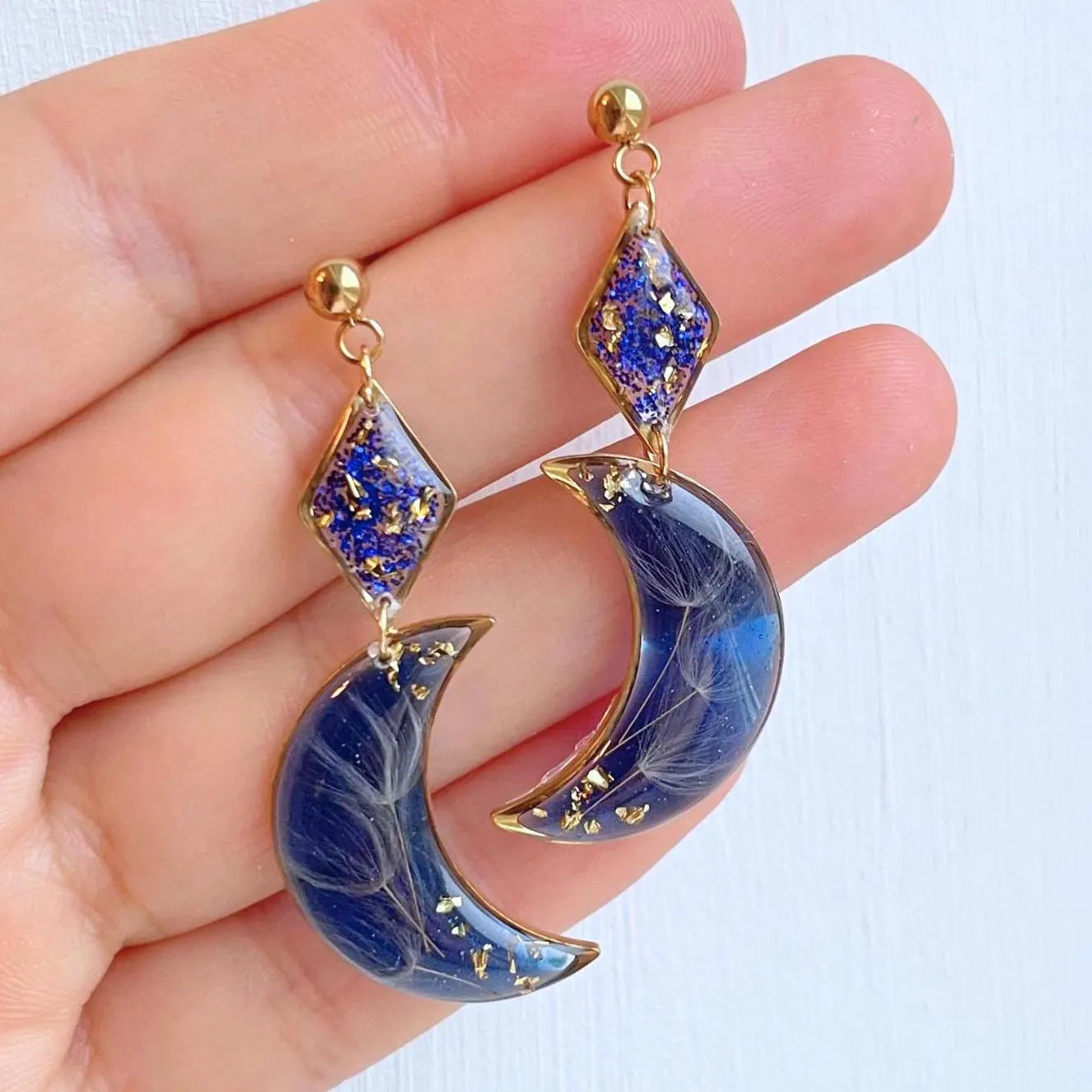 Blue Crescent Moon Dandelion Seed Earrings