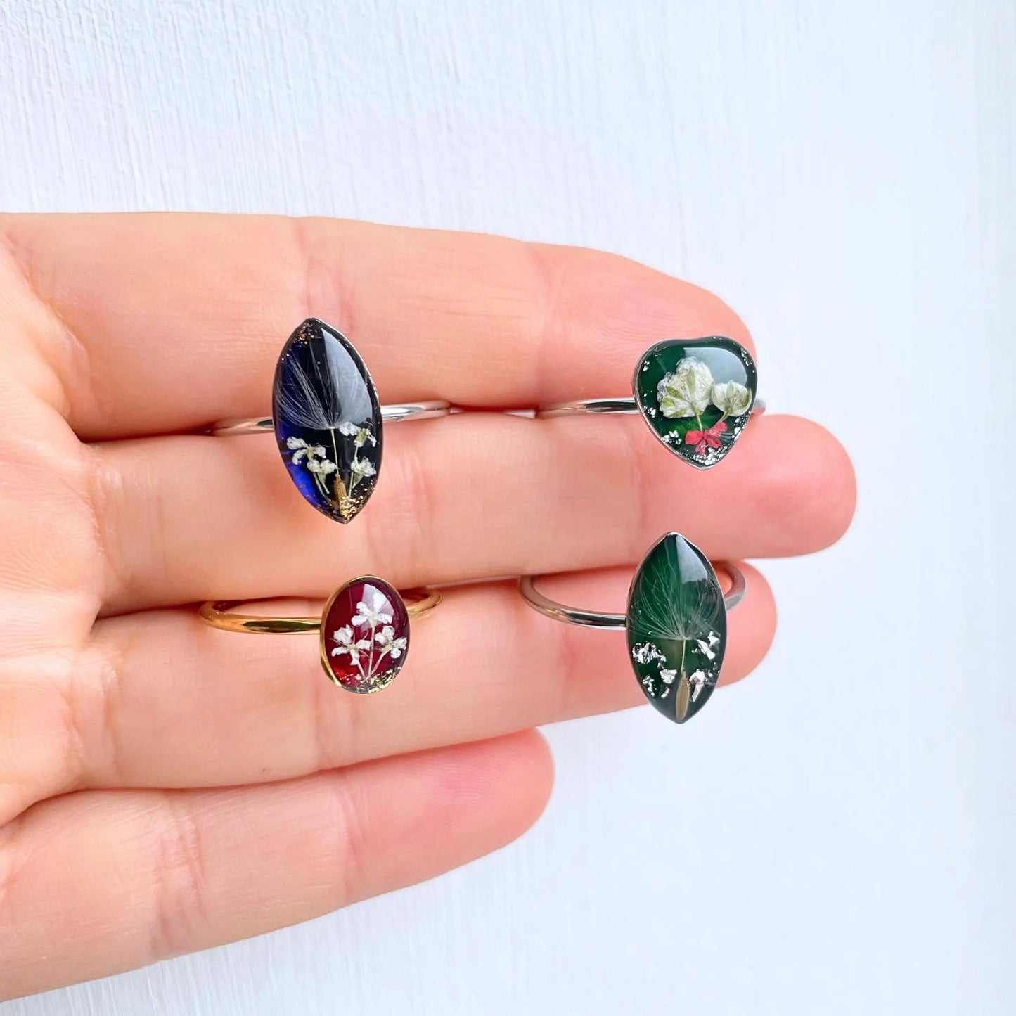 Real Dandelion Seed Green Stone Ring
