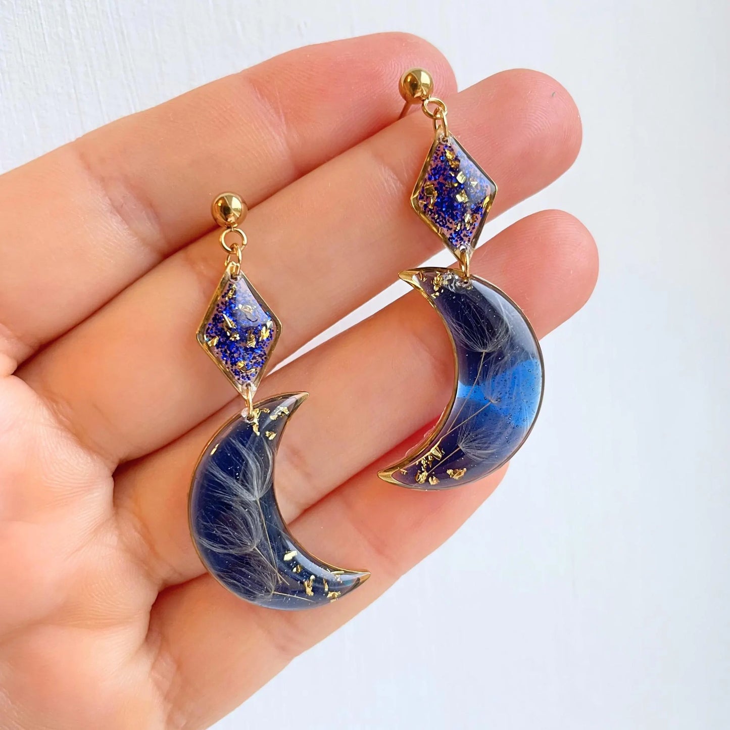Blue Crescent Moon Dandelion Seed Earrings