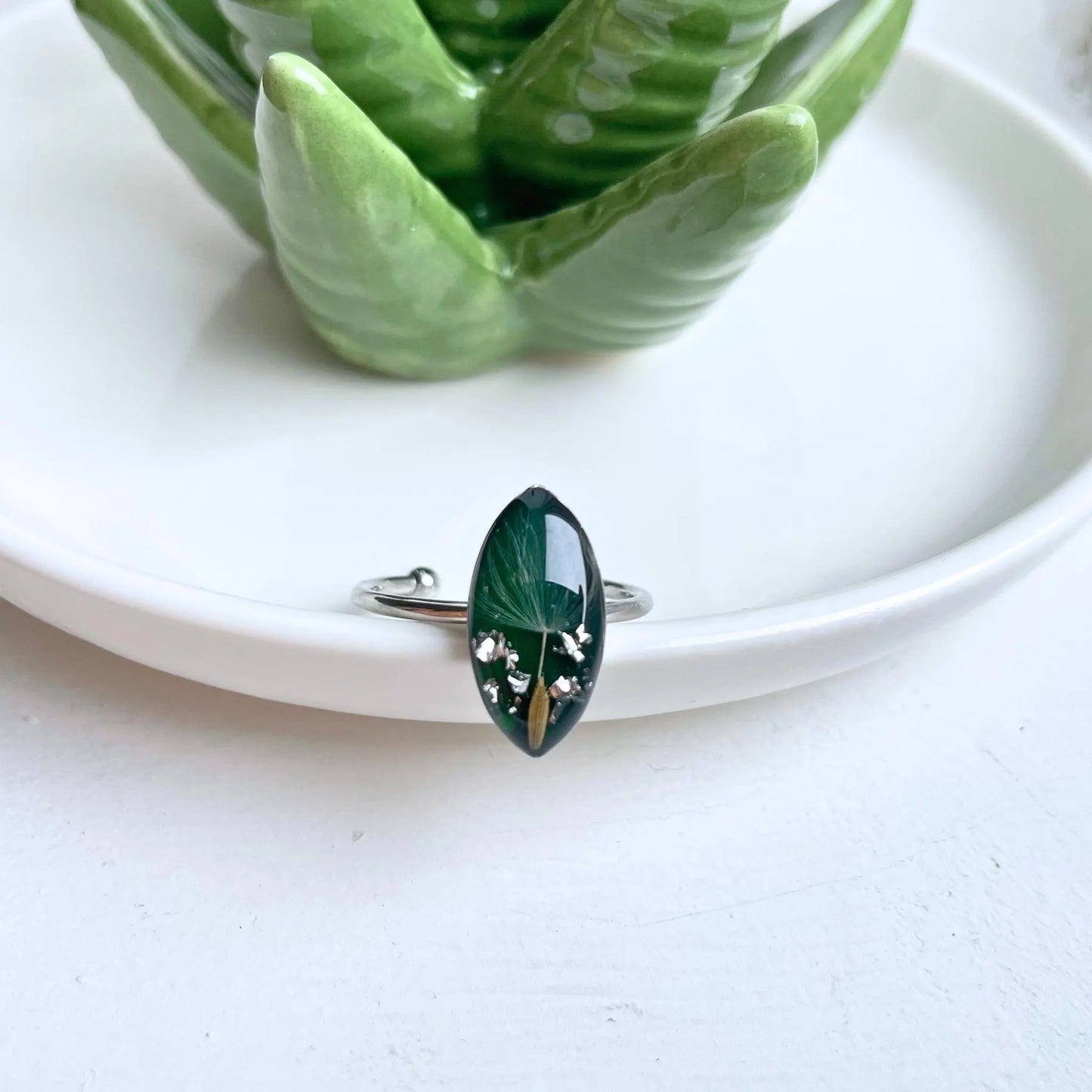 Real Dandelion Seed Green Stone Ring