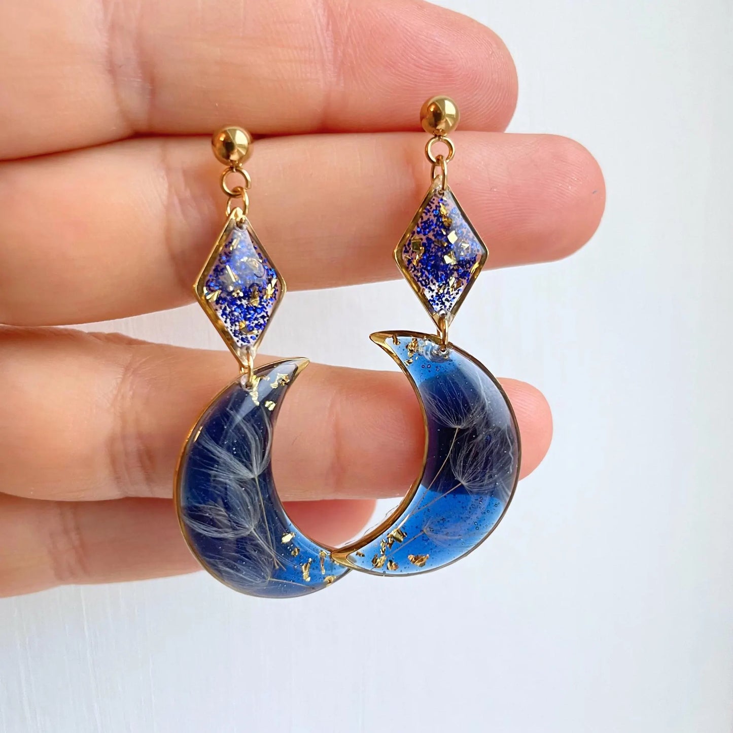 Blue Crescent Moon Dandelion Seed Earrings