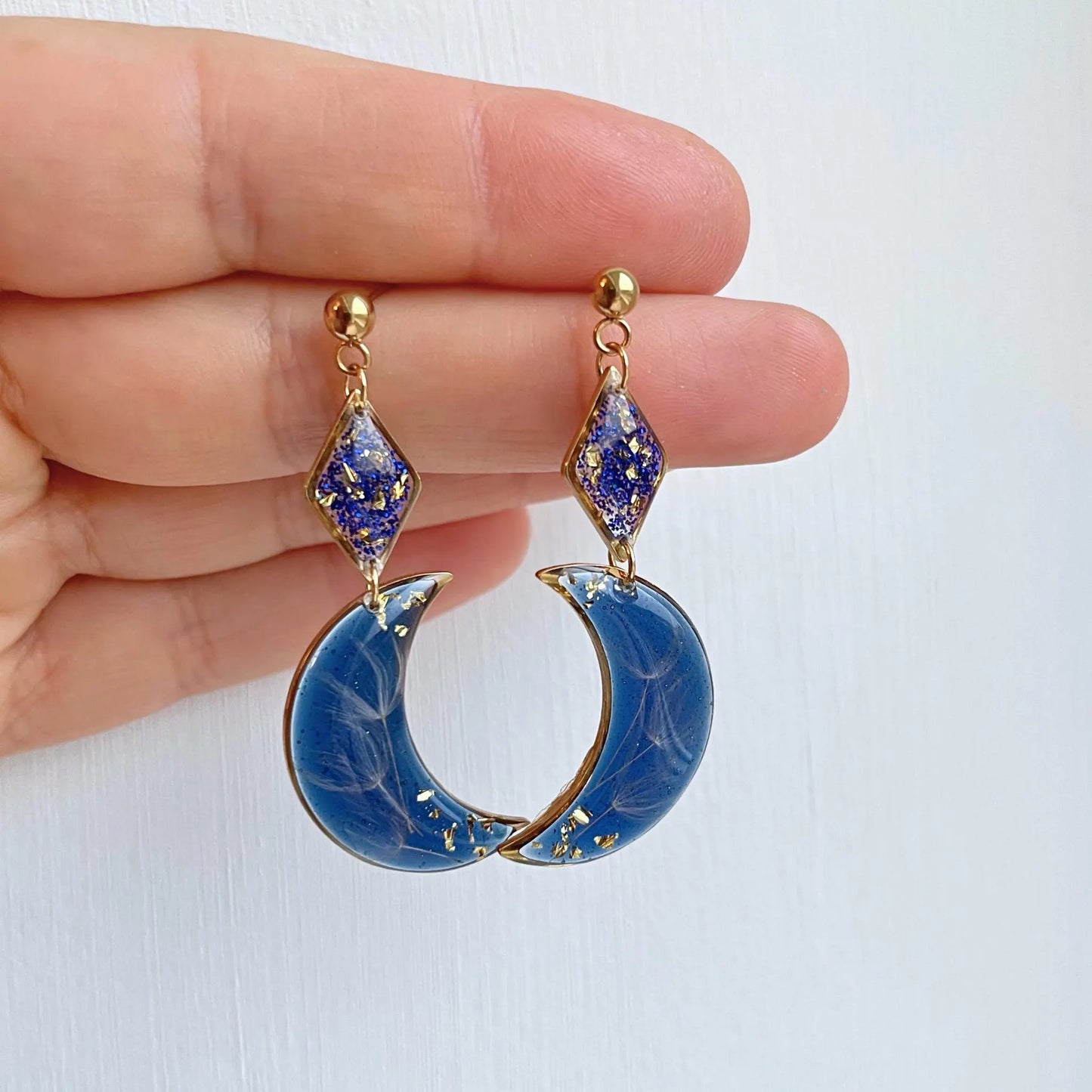 Blue Crescent Moon Dandelion Seed Earrings