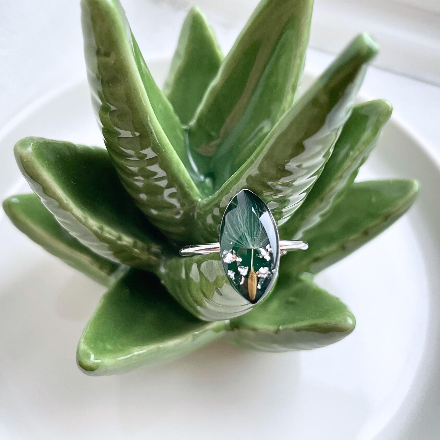 Real Dandelion Seed Green Stone Ring
