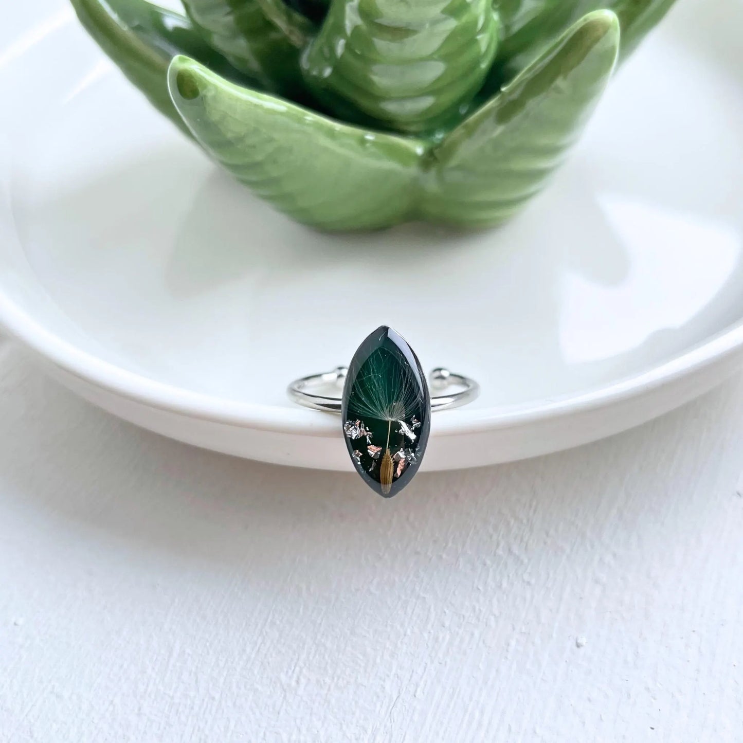 Real Dandelion Seed Green Stone Ring