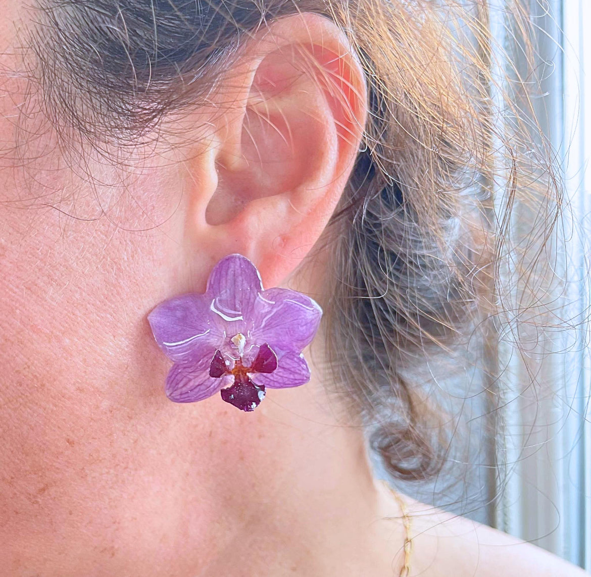 Real Purple Orchid Flower Earrings