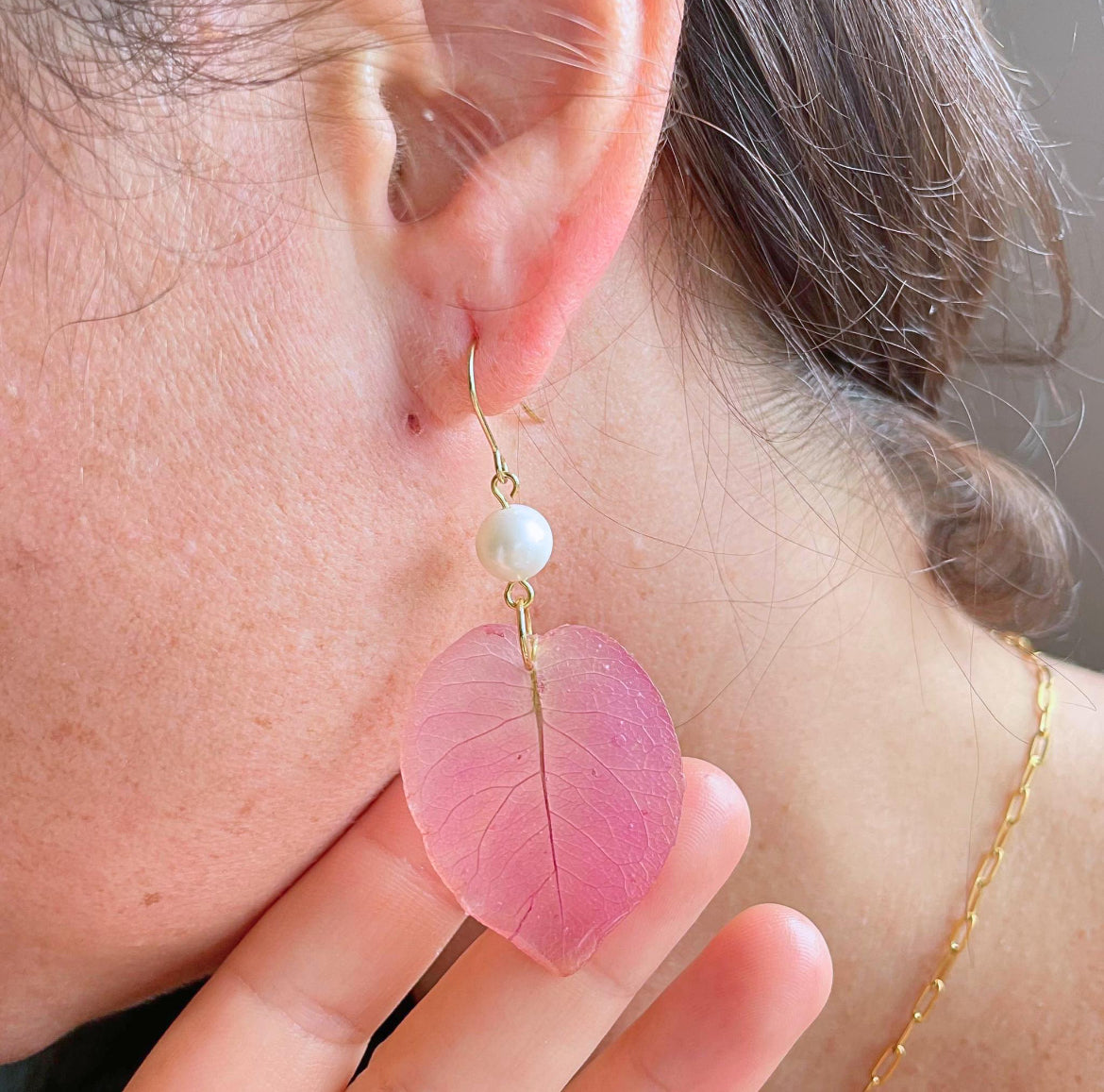 Real Pink Leaf Pearl Earrings