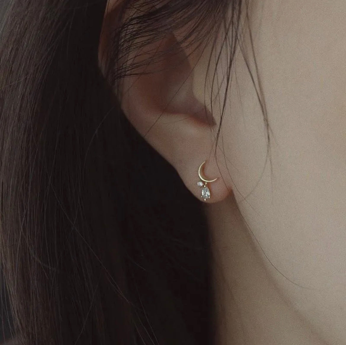 Tiny Crescent Moon Diamond Stud Earrings