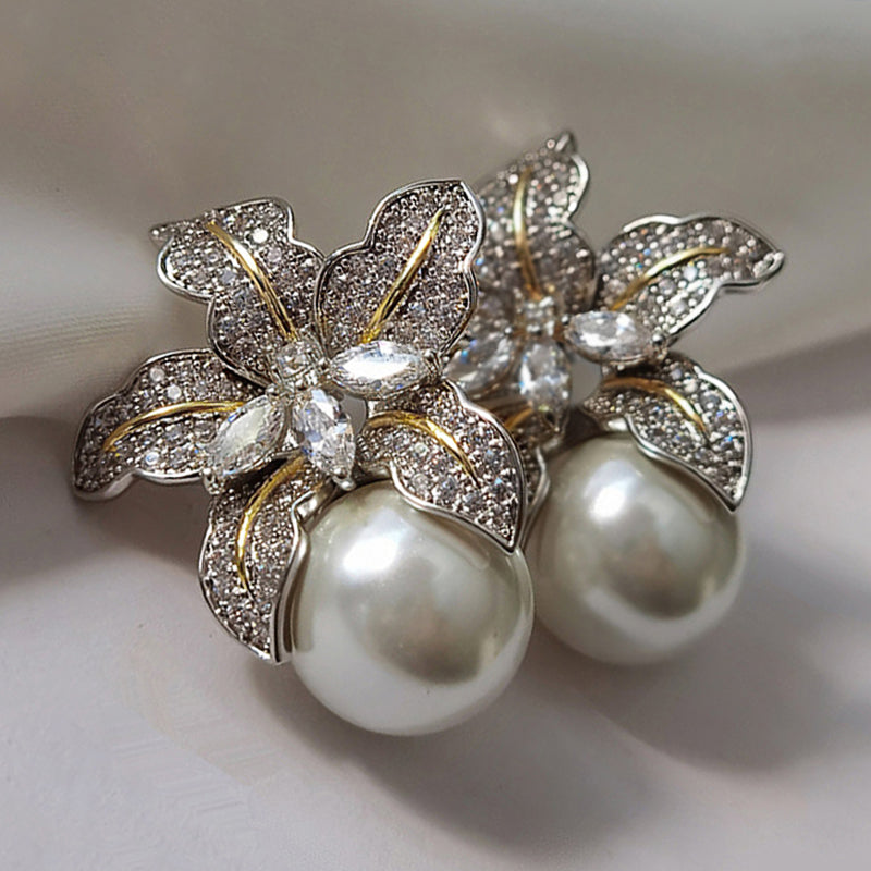 Large Flower Pearl Drop Stud Earrings