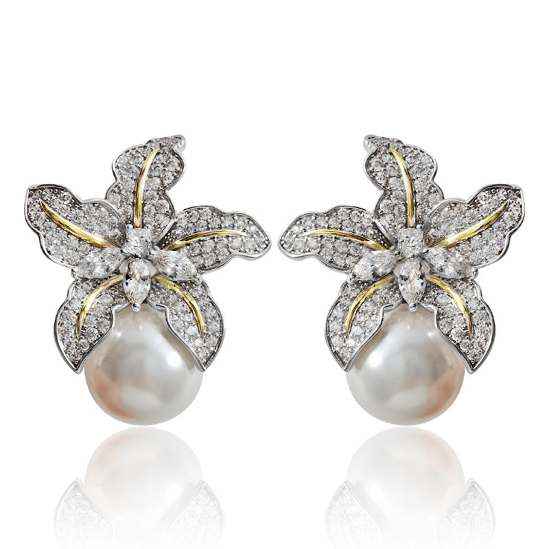 Large Flower Pearl Drop Stud Earrings