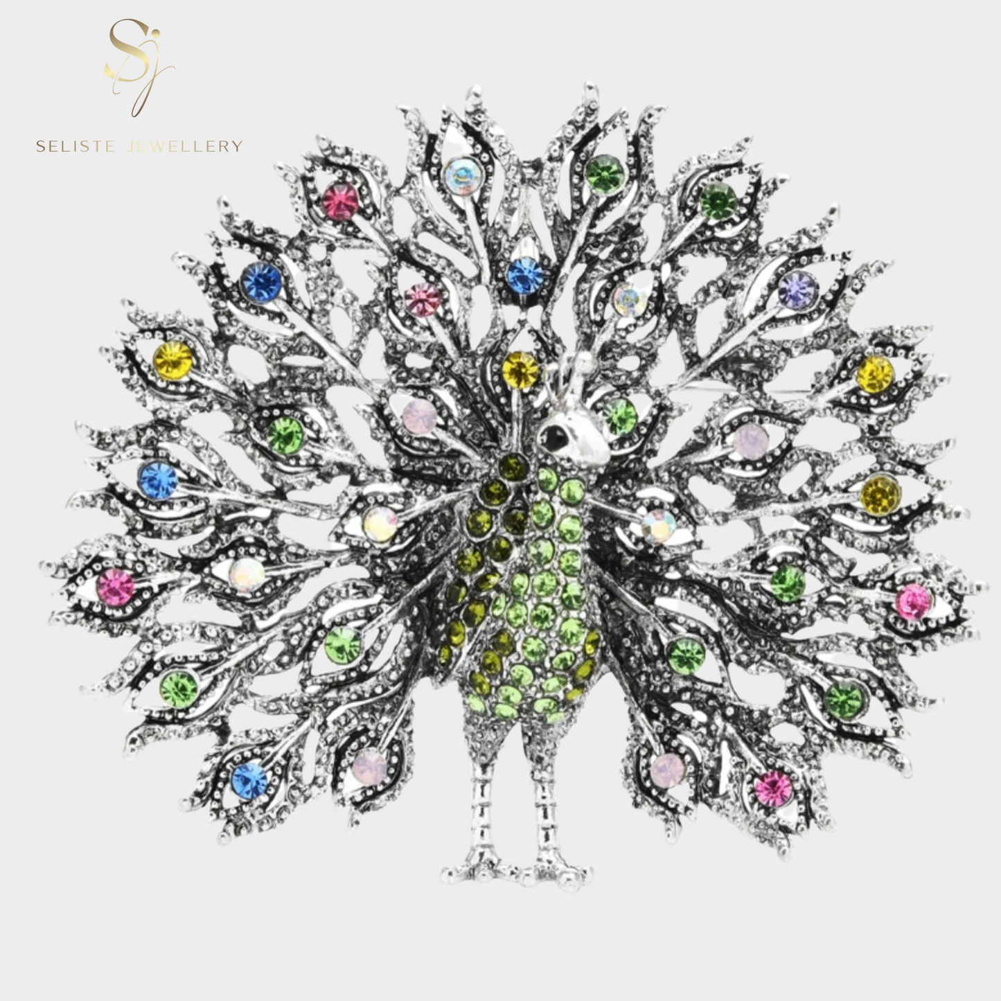 Colourful Rhinestone Peacock Bird Silver Brooch