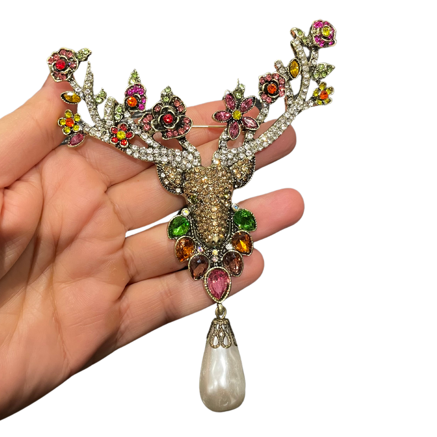 Vintage Style Large Reindeer Flowers Drop Pearl Brooch Pin