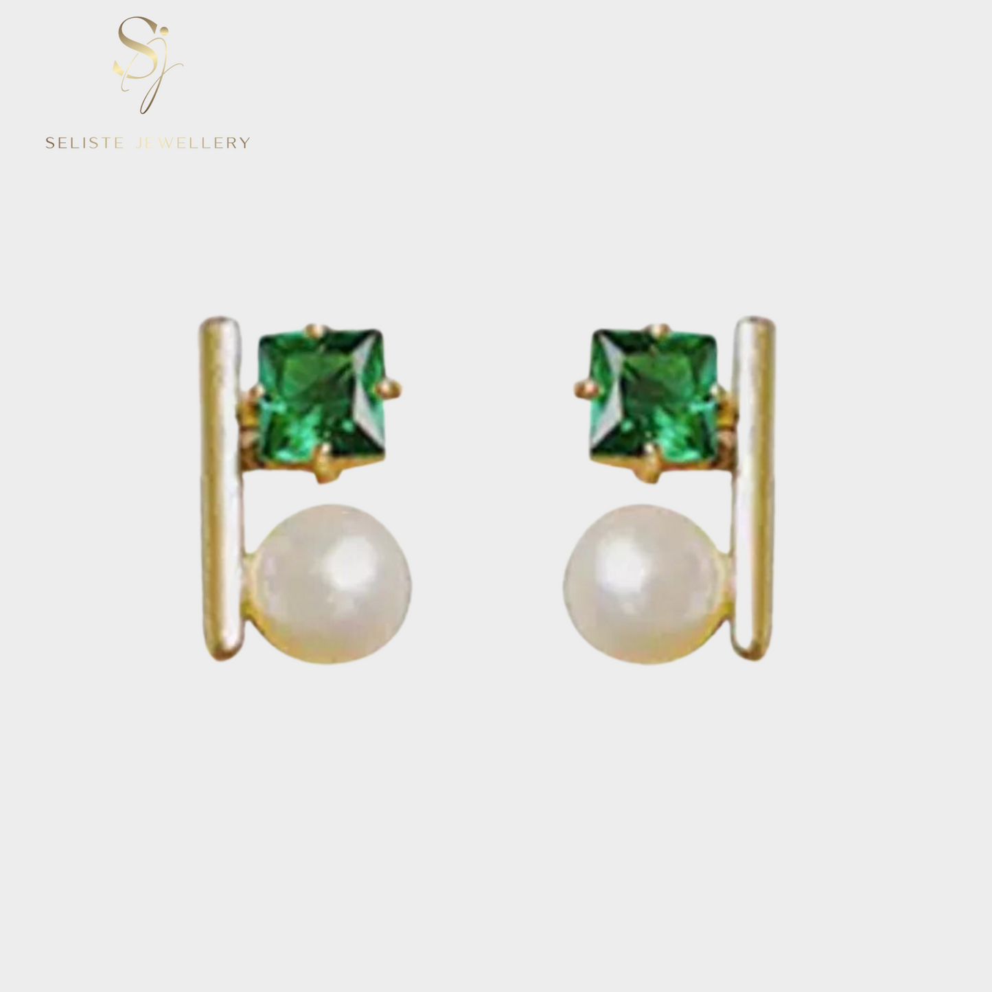 Mini Green Emerald And Pearl Bar Earrings