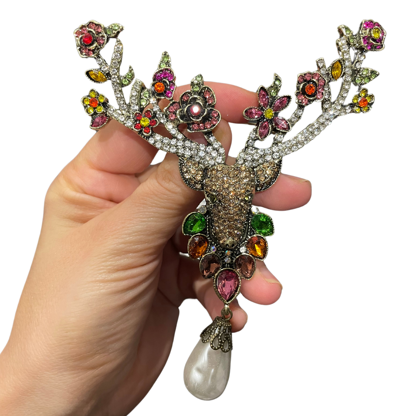 Vintage Style Large Reindeer Flowers Drop Pearl Brooch Pin