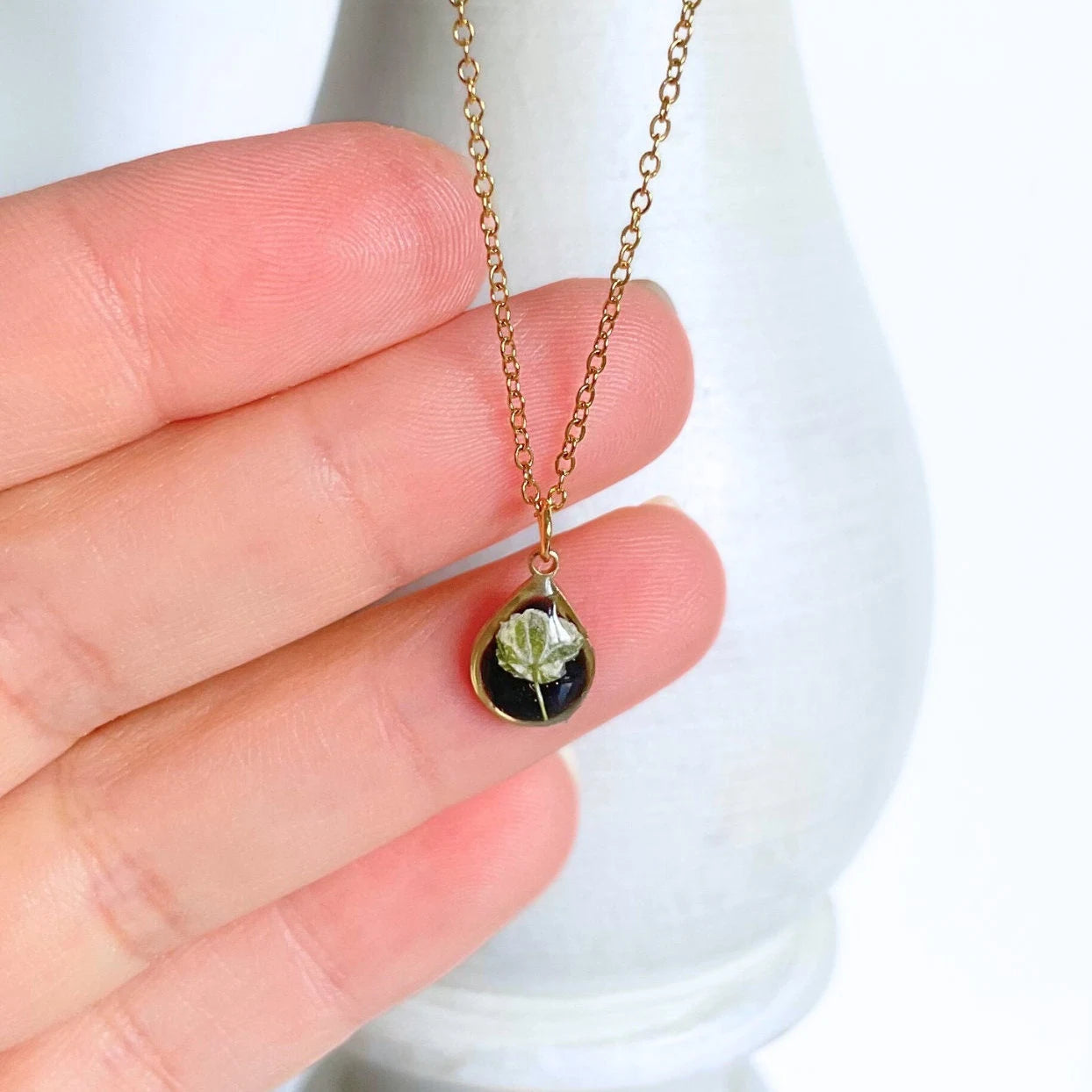 Baby's Breath Flower Teardrop Charm Necklace
