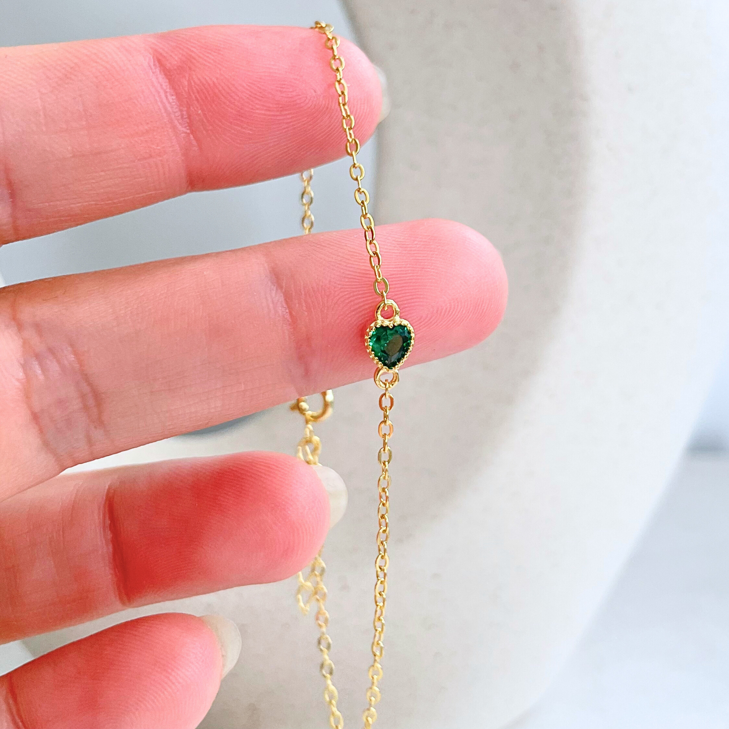 Tiny Green Emerald Heart Bracelet