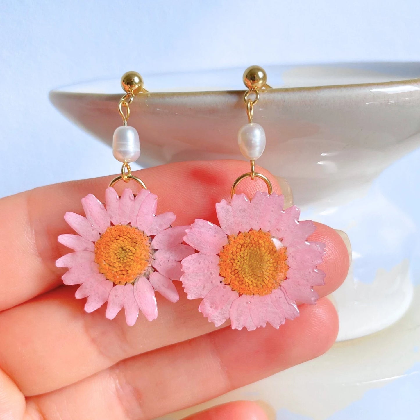 Daisy Flower Pearl Drop Earrings