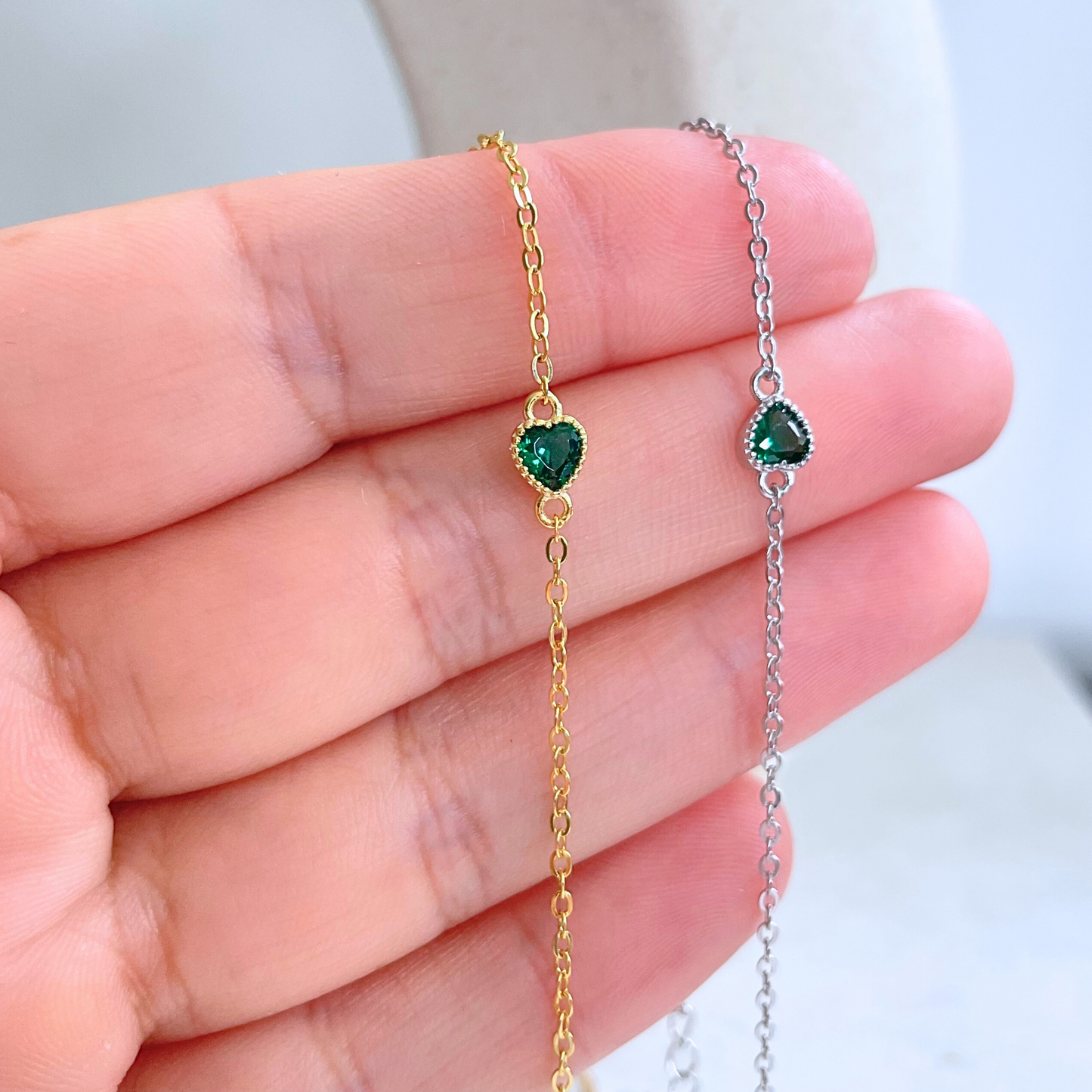 Tiny Green Emerald Heart Bracelet