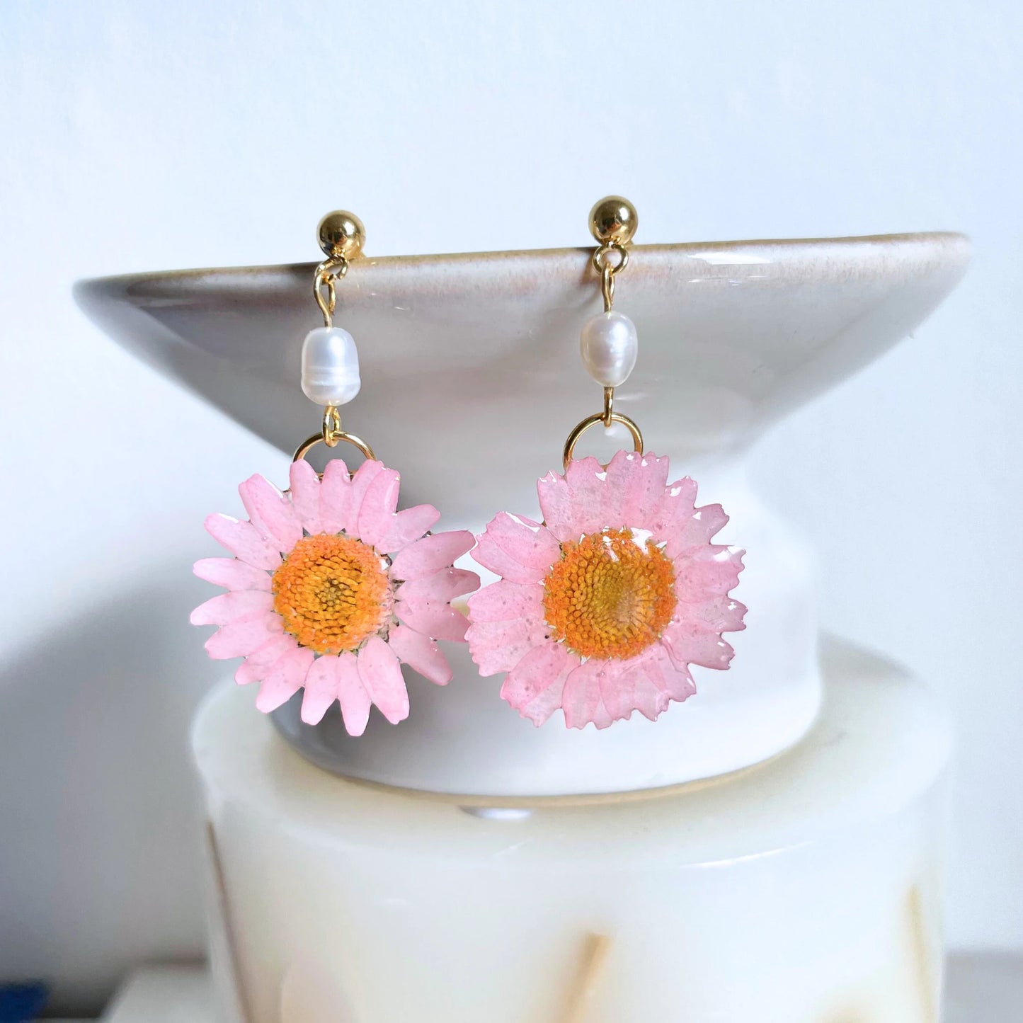 Daisy Flower Pearl Drop Earrings