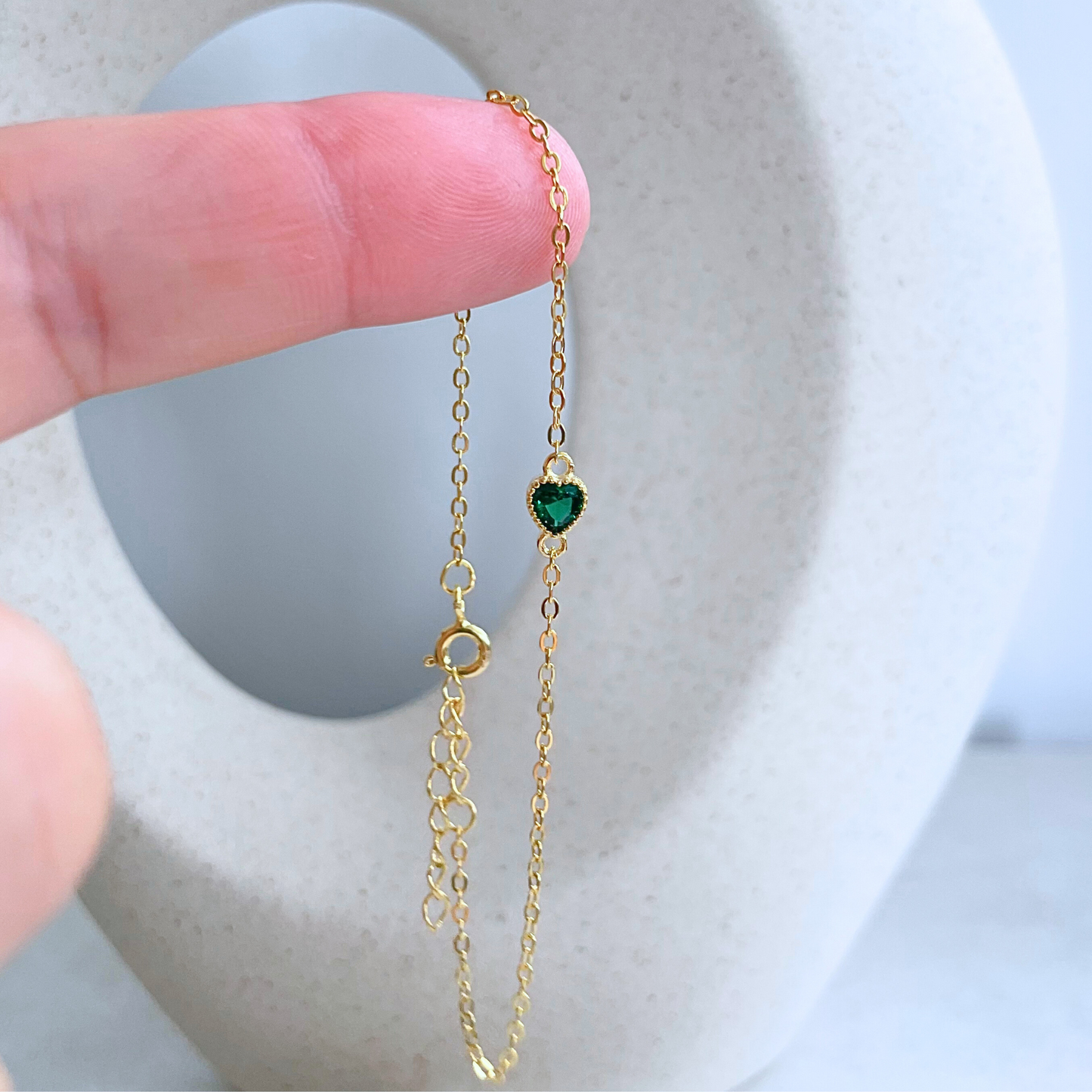 Tiny Green Emerald Heart Bracelet