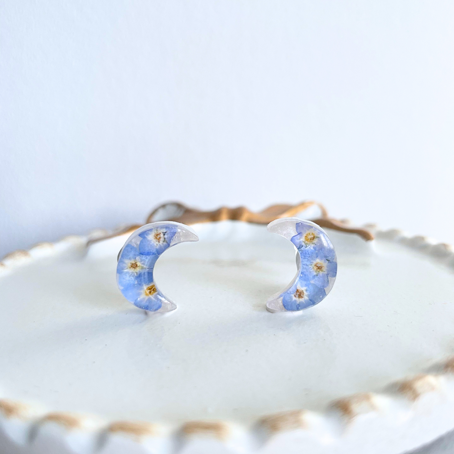 Forget Me Not Crescent Moon Earrings