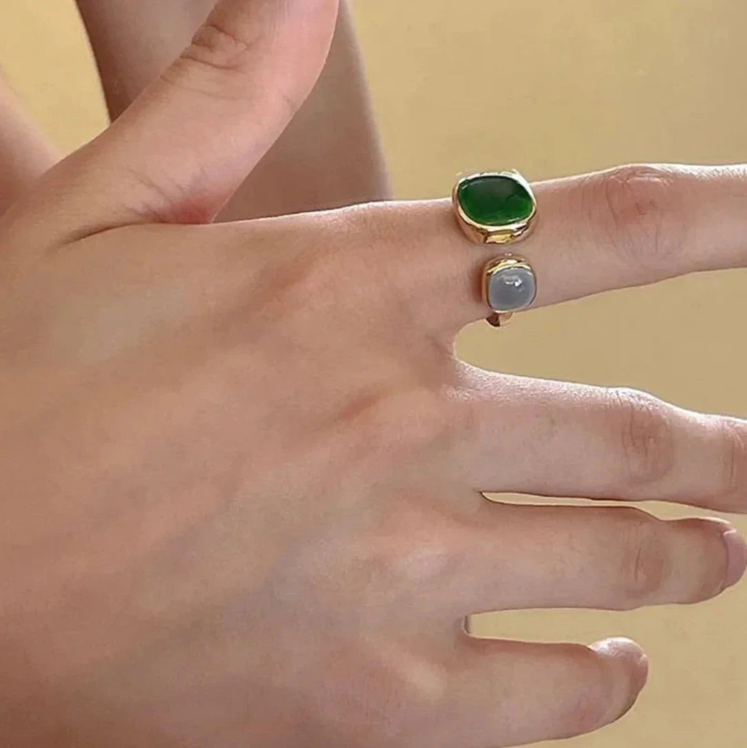 Green Enamel Gold Open Ring