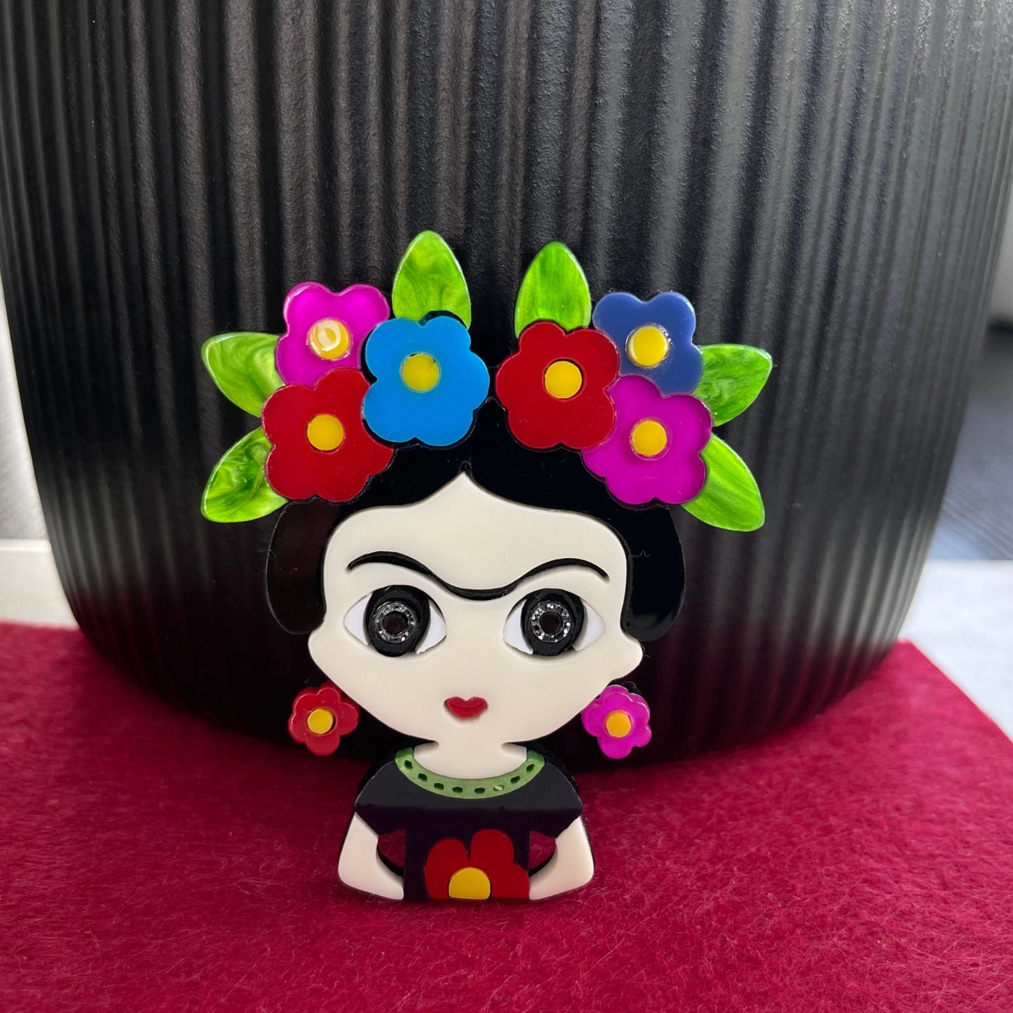 Art Deco lady with colourful daisy flowers acrylic pin brooch