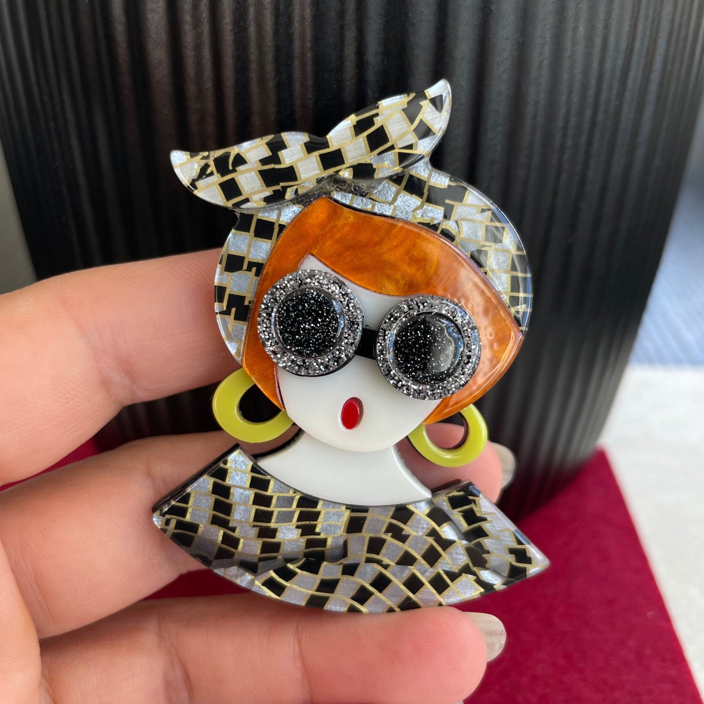 Art Deco modern lady with sunglasses and hair scarf acrylic pin brooch