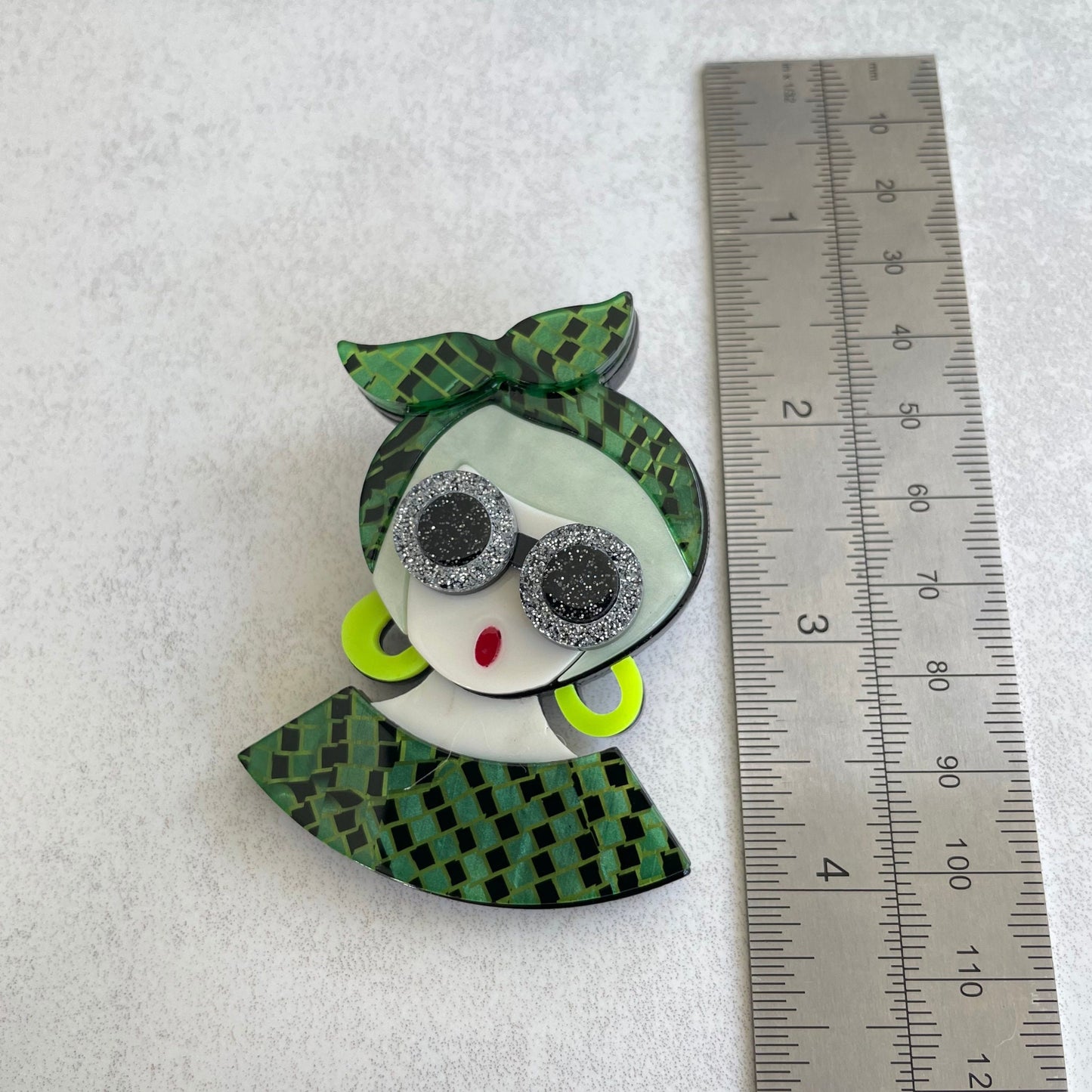 Art Deco modern lady with sunglasses and hair scarf acrylic pin brooch