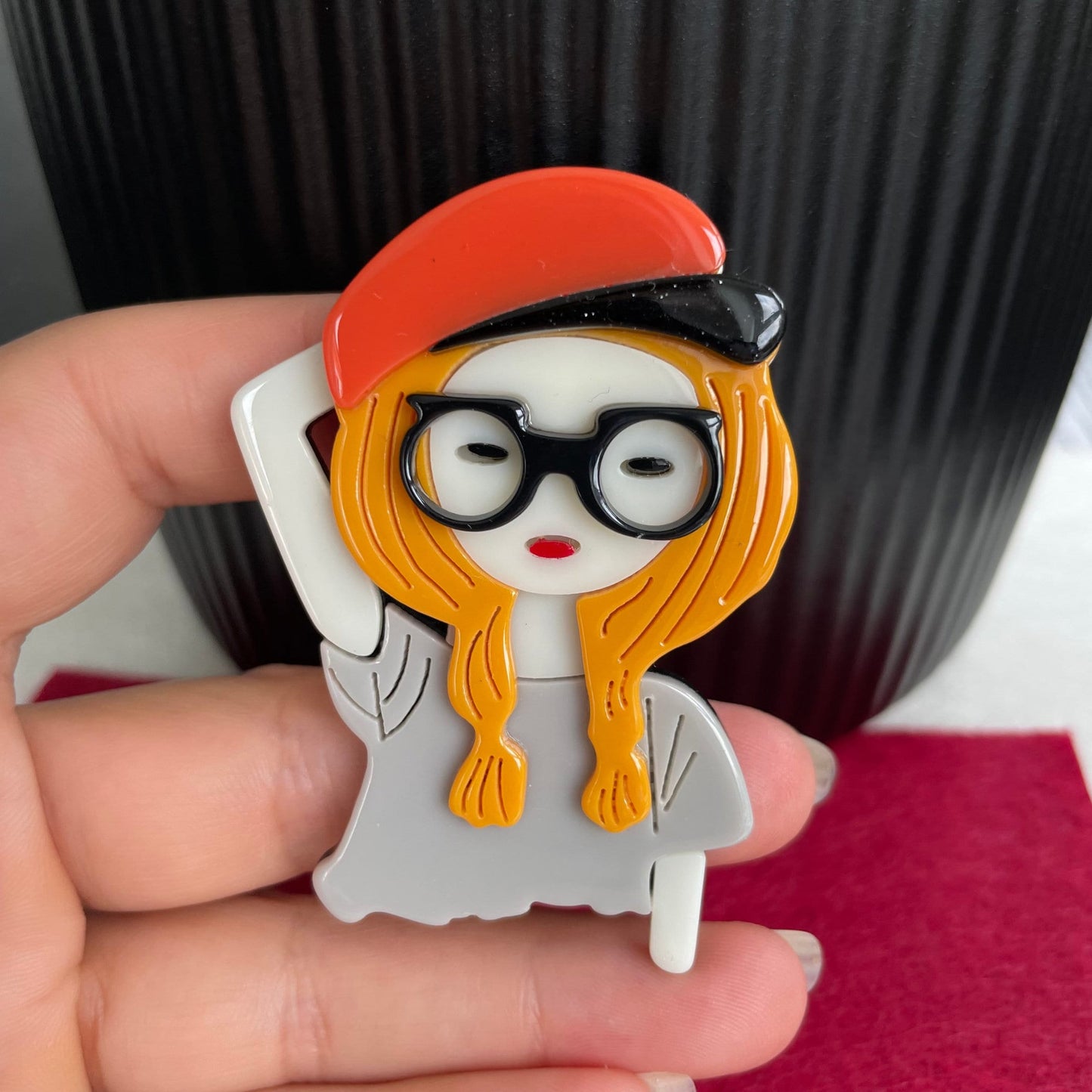 Art Deco cool girl with glasses and hat acrylic pin brooch