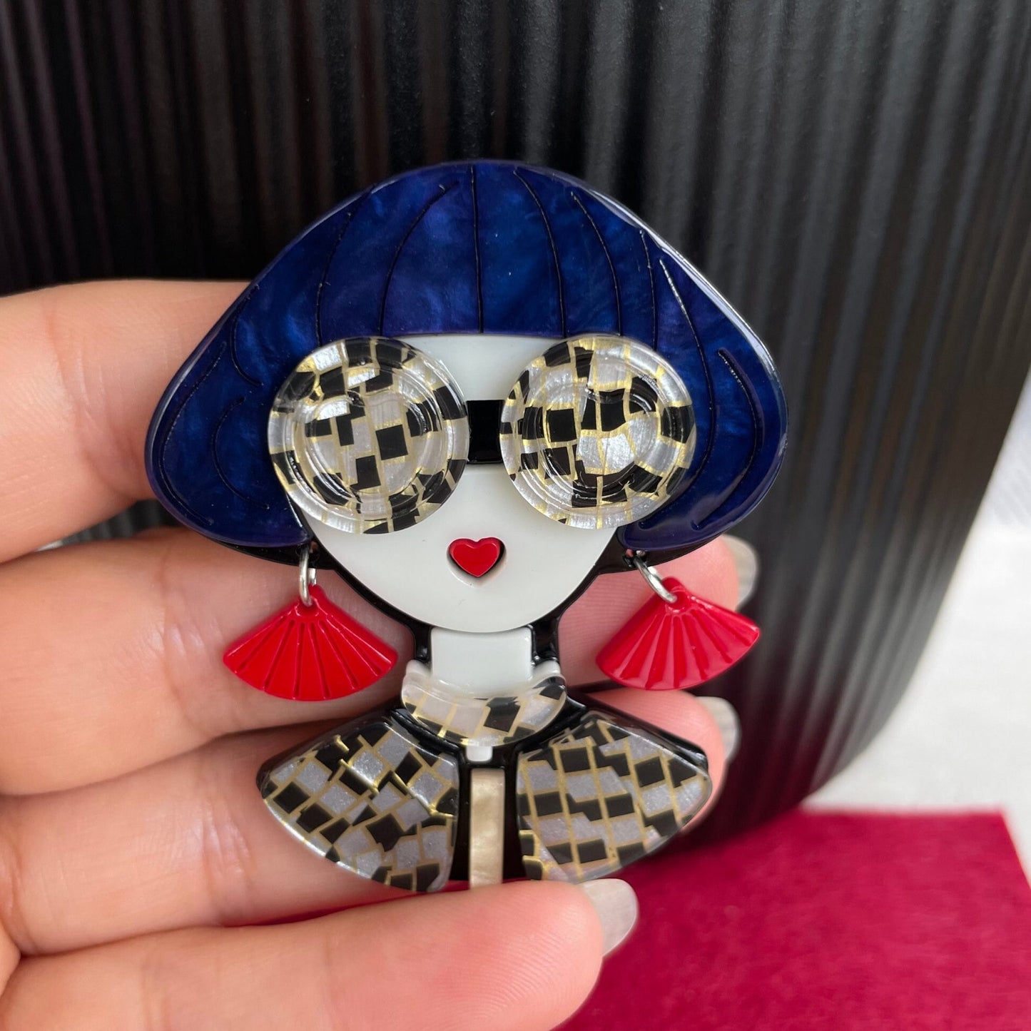 Art Deco lady with blue hair and large sunglasses acrylic pin brooch