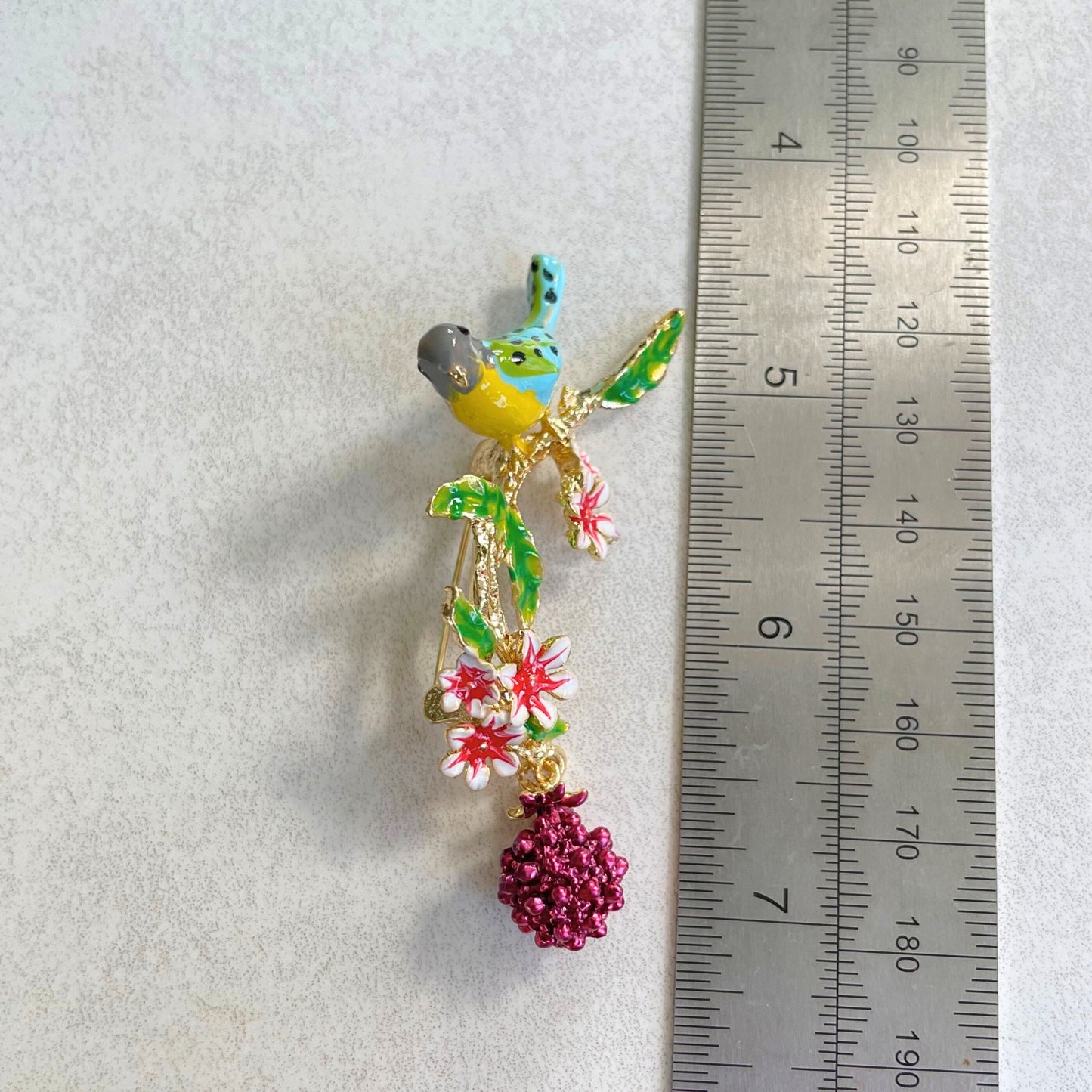 Pink flowers tree blue bird gold pin brooch