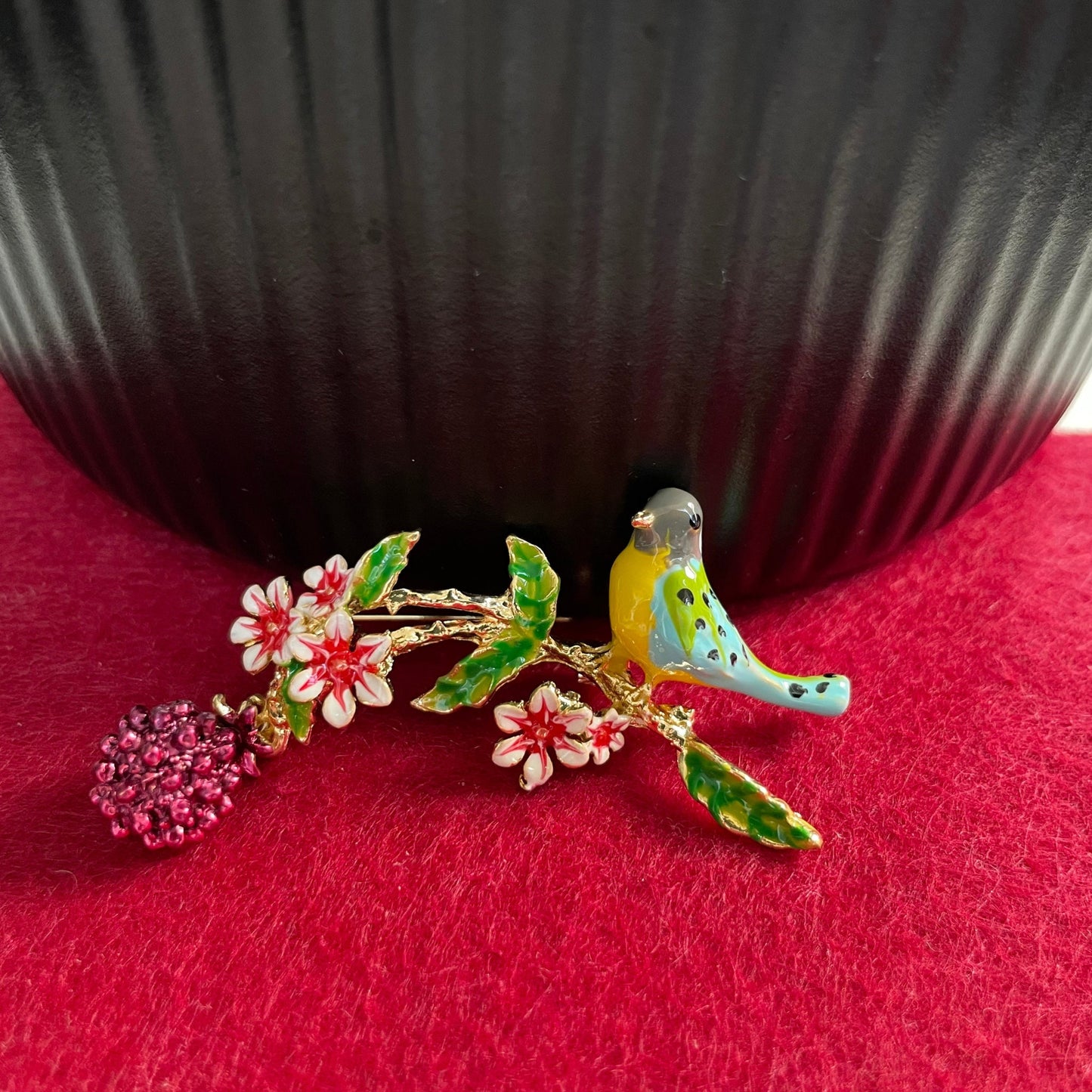 Pink flowers tree blue bird gold pin brooch