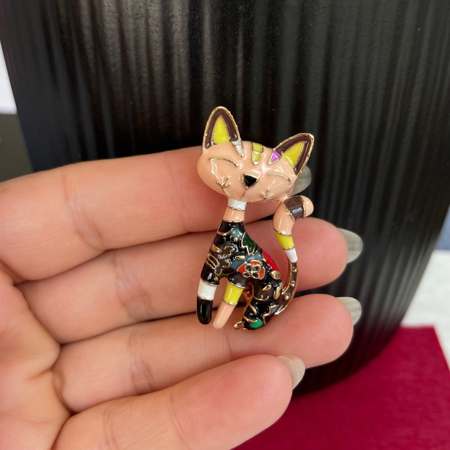 Quirky bohemian black cat gold pin brooch