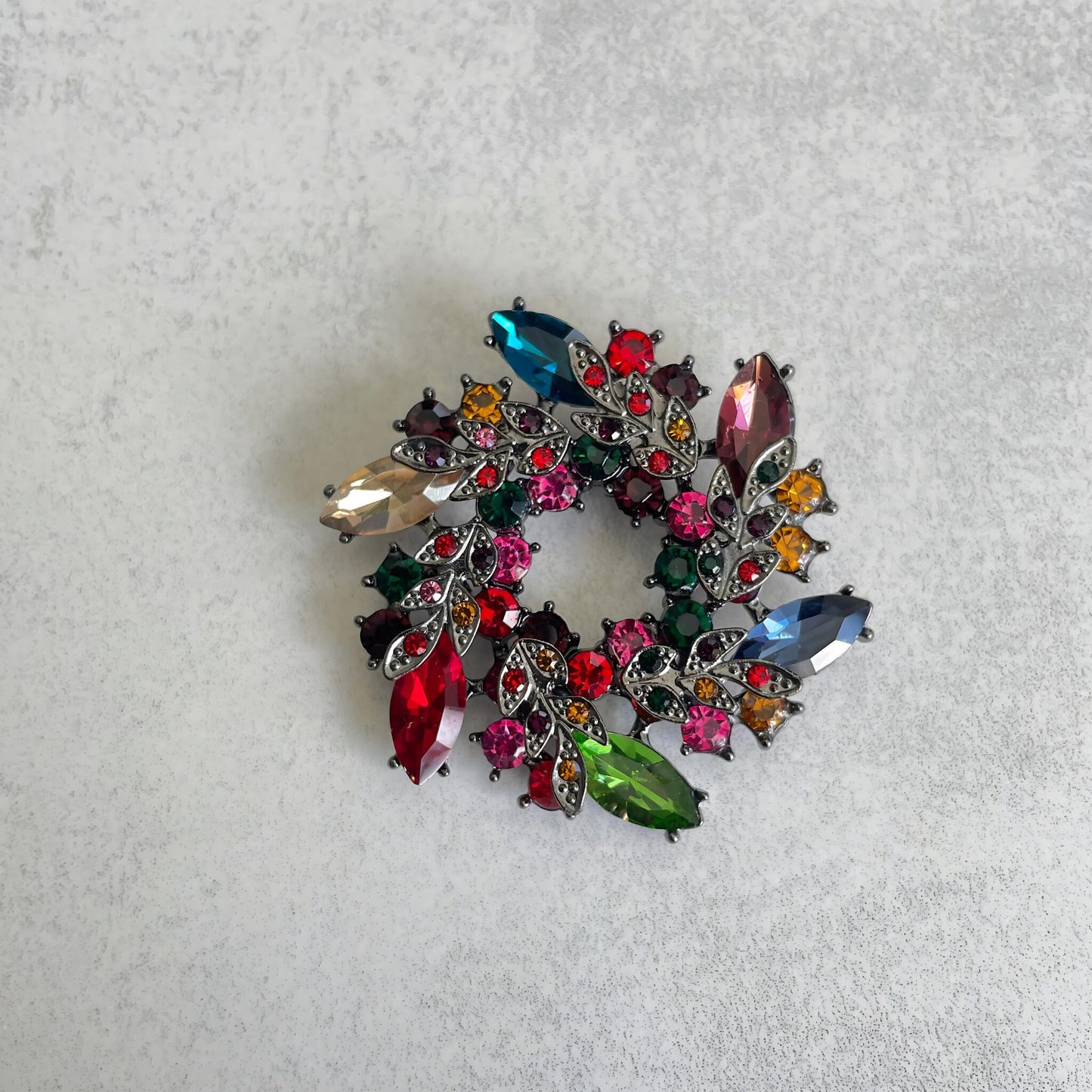 Olive tree branch wreath colourful crystal pin brooch pendant