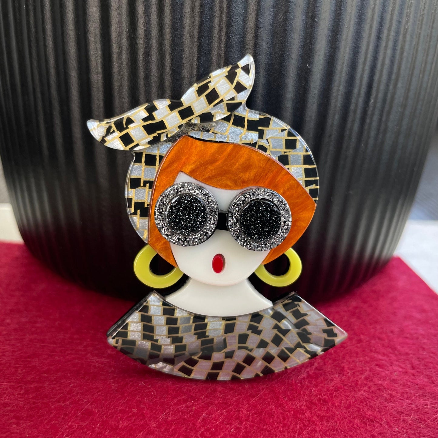 Art Deco modern lady with sunglasses and hair scarf acrylic pin brooch