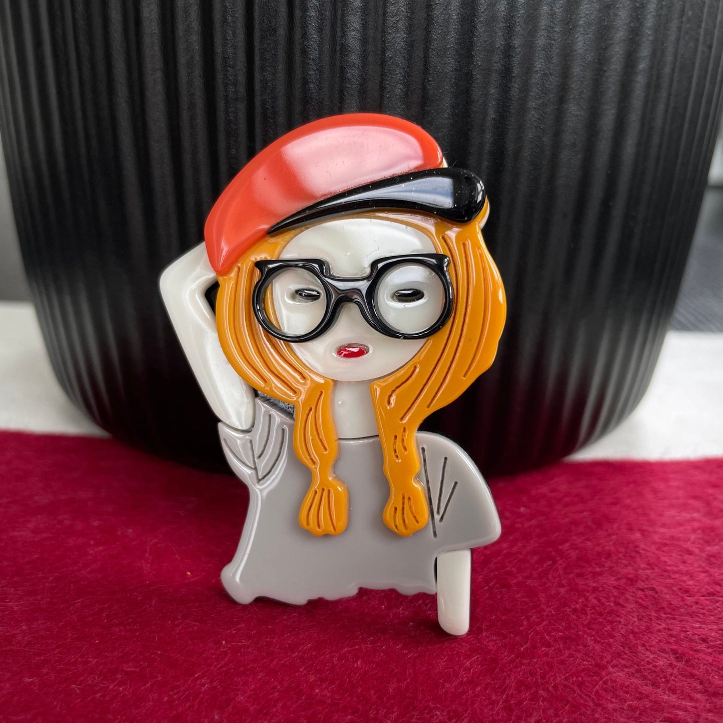 Art Deco cool girl with glasses and hat acrylic pin brooch