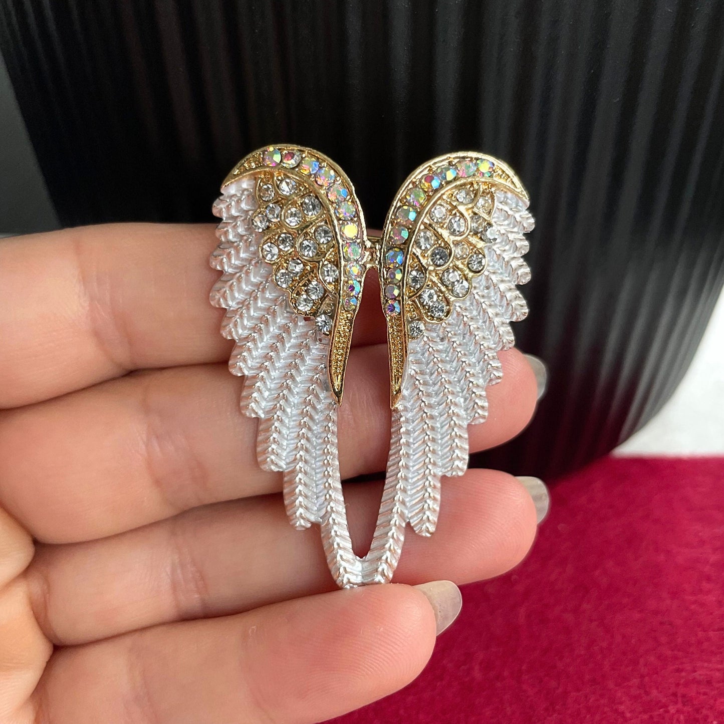 Delicate white enamel angel wings gold pin brooch