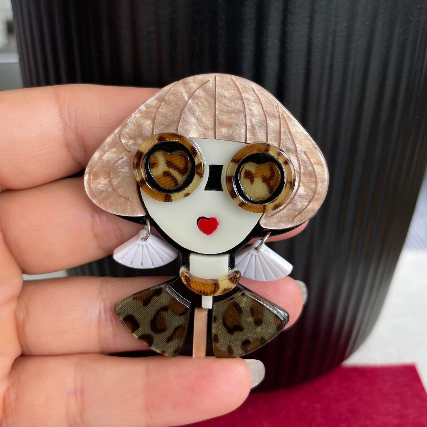 Art Deco lady with blue hair and large sunglasses acrylic pin brooch