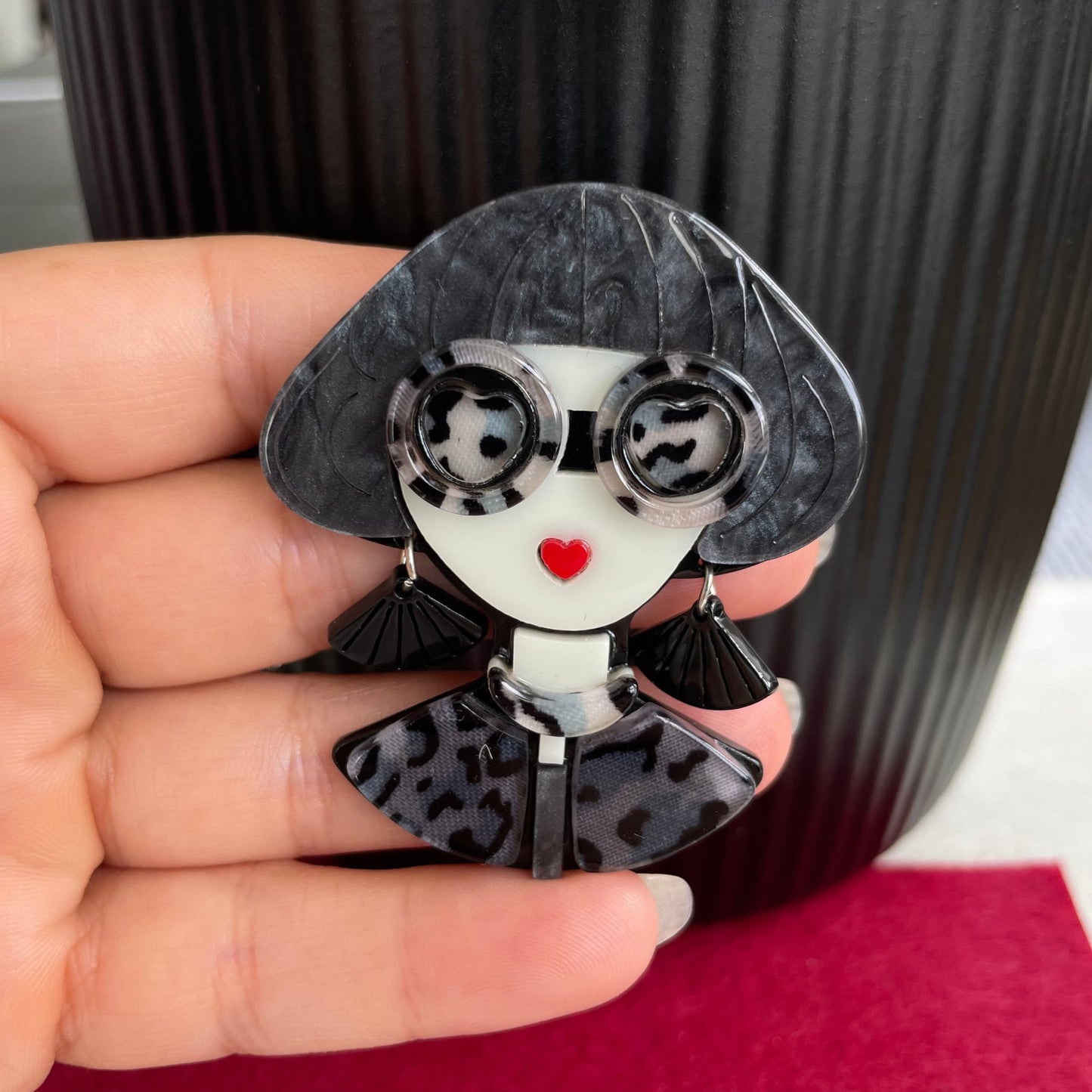 Art Deco lady with blue hair and large sunglasses acrylic pin brooch