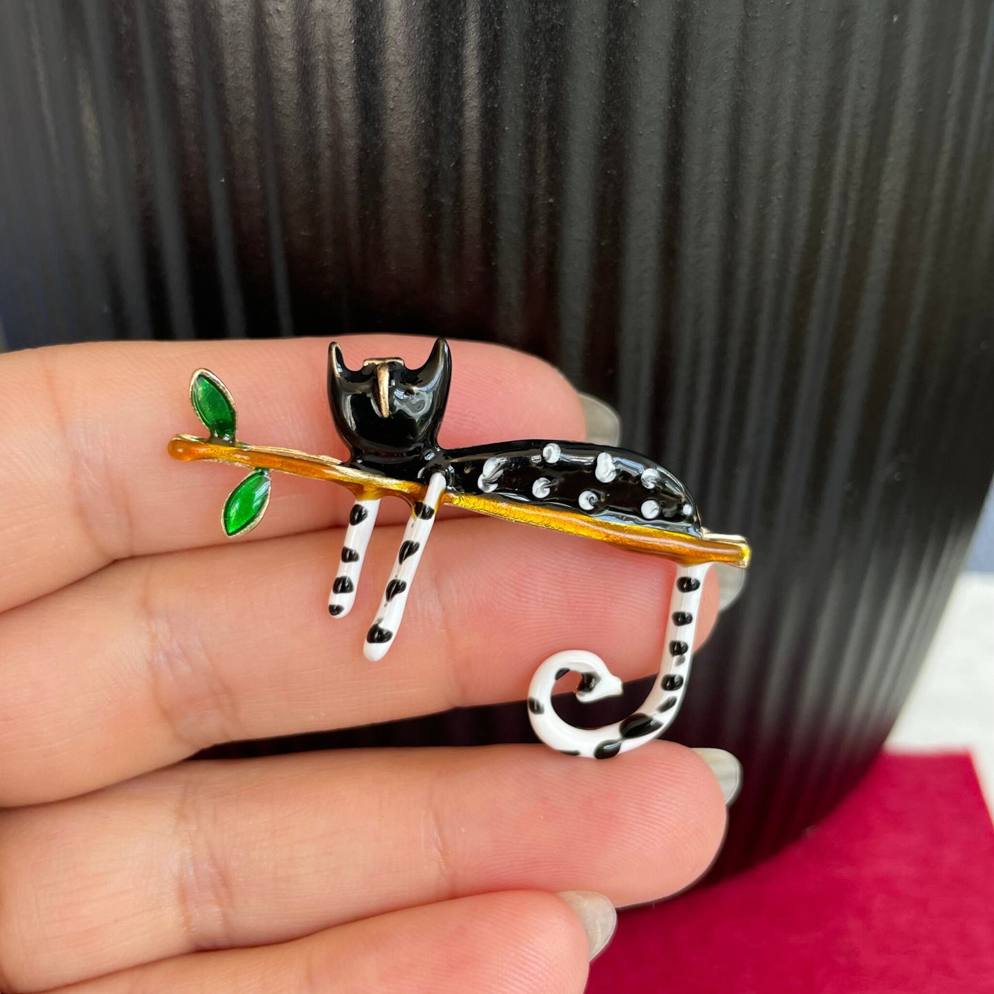 Quirky white cat tree branch gold pin brooch