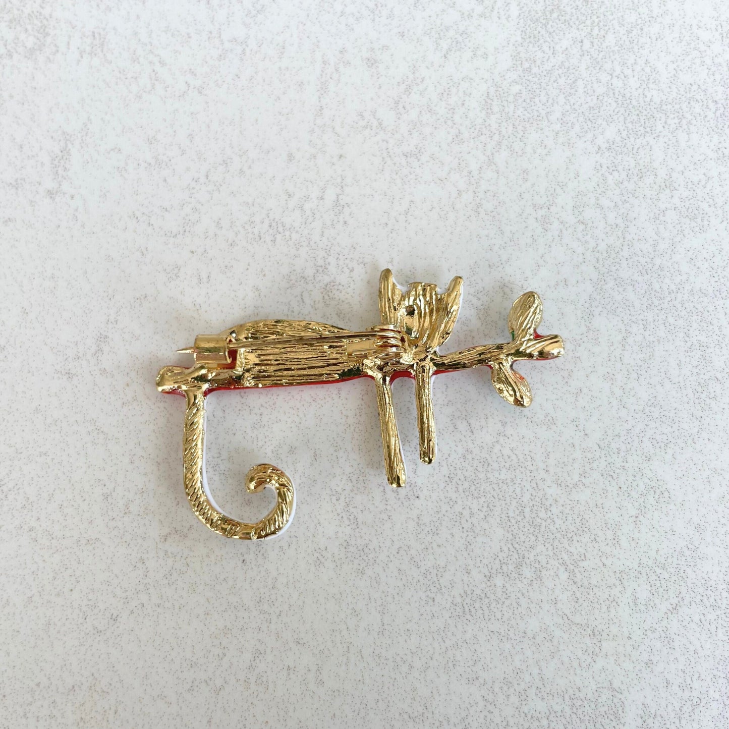 Quirky white cat tree branch gold pin brooch