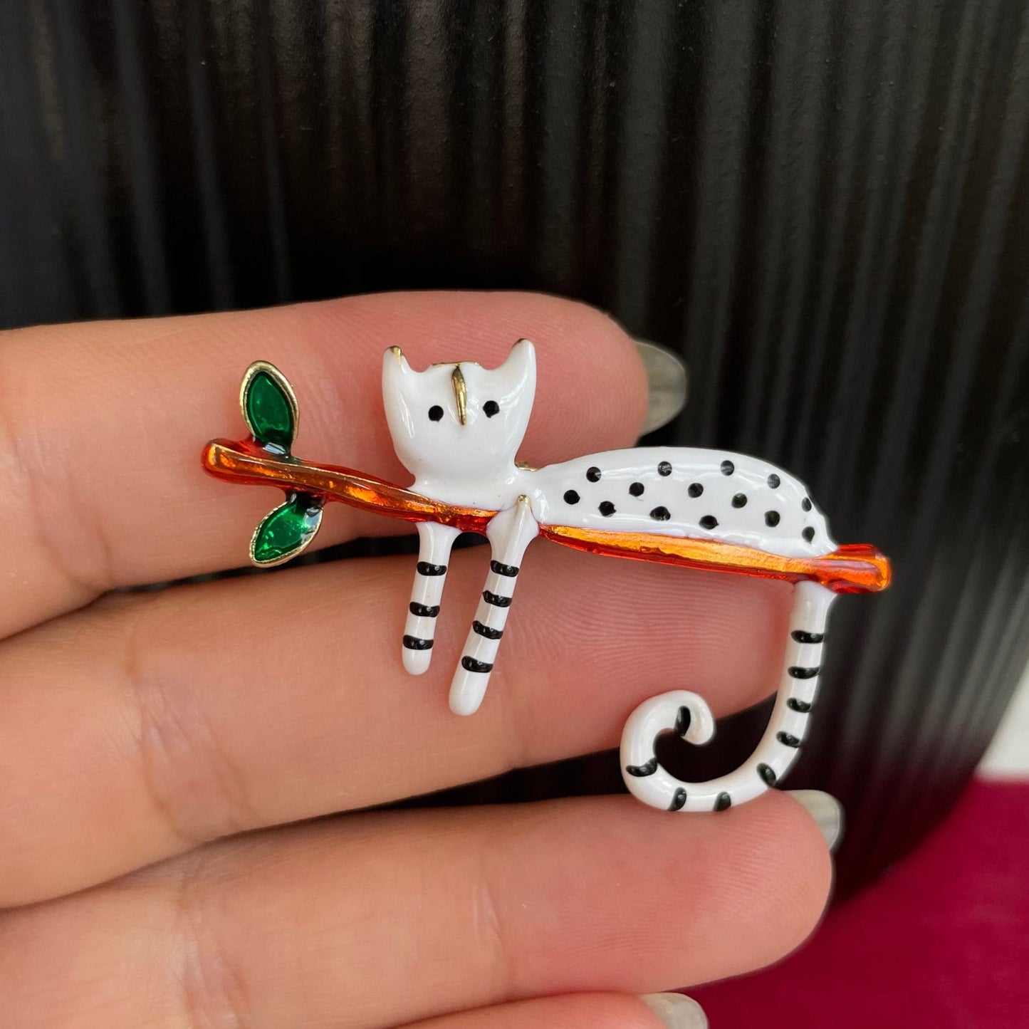 Quirky white cat tree branch gold pin brooch