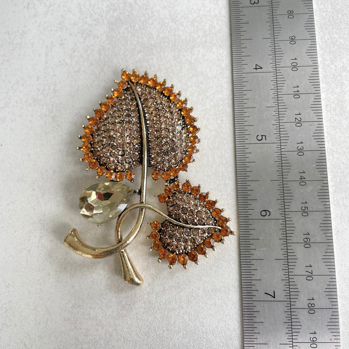 Vintage Style Amber leaf crystal gold pin brooch
