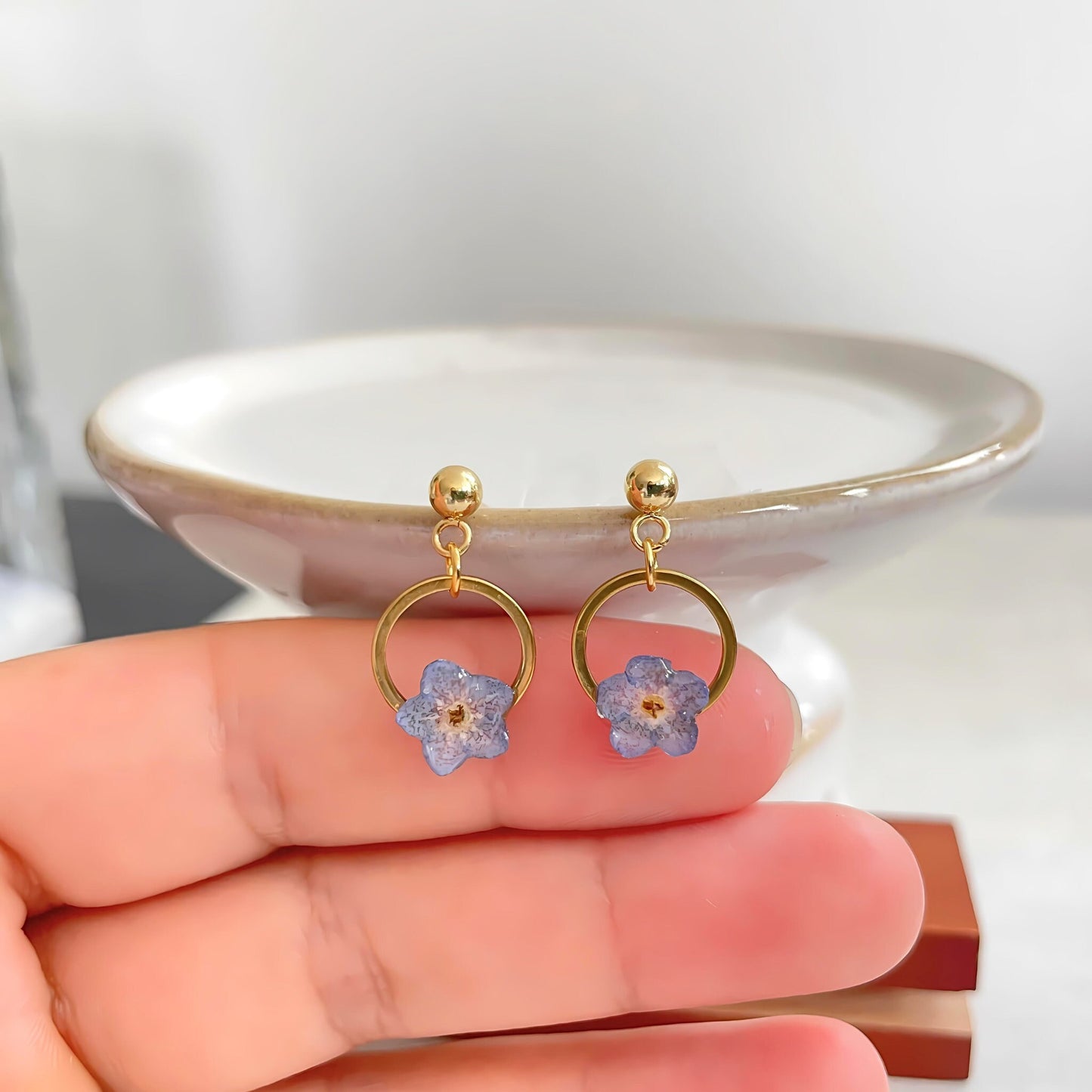 Forget Me Not Flower Circle Drop Earrings