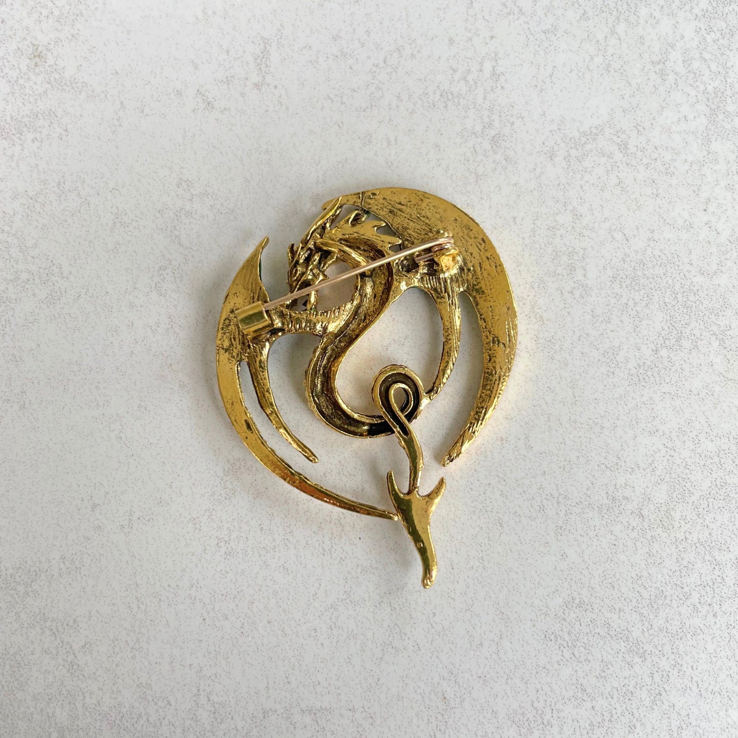 Green enamel dragon gold pin brooch