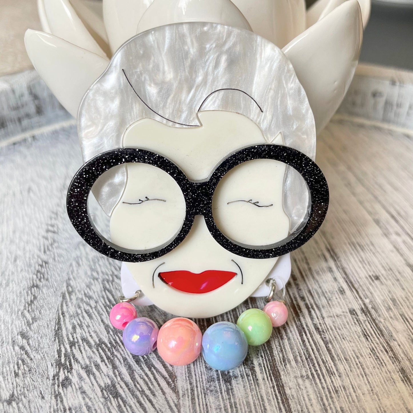 Art Deco modern grandma with glasses and grey hair acrylic pin brooch