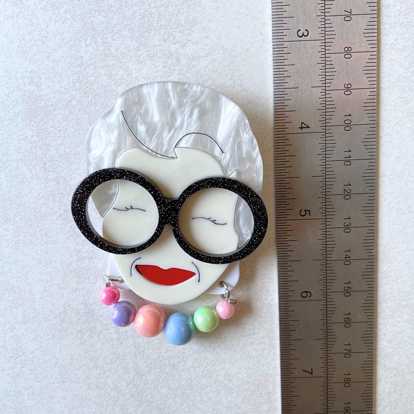 Art Deco modern grandma with glasses and grey hair acrylic pin brooch