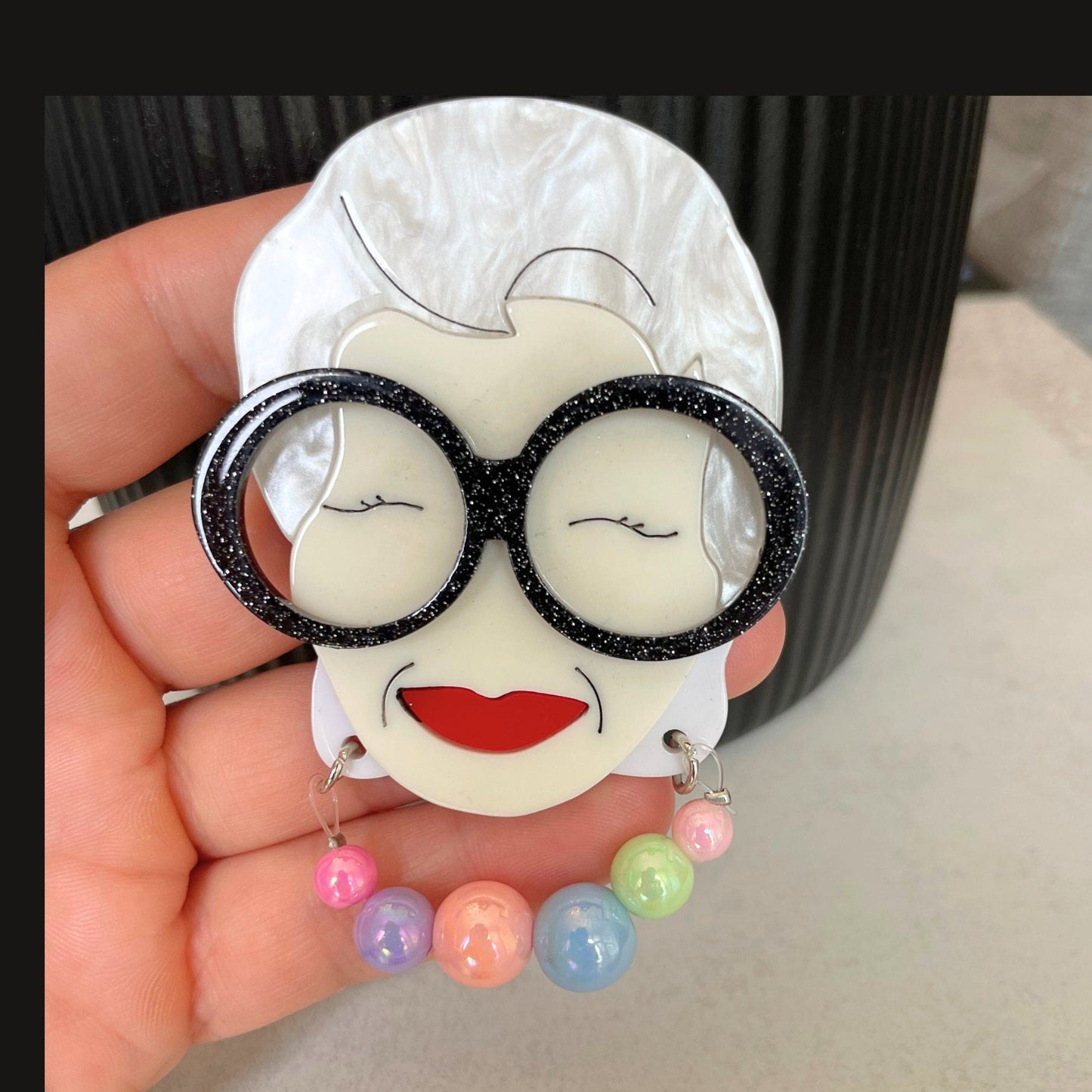 Art Deco modern grandma with glasses and grey hair acrylic pin brooch