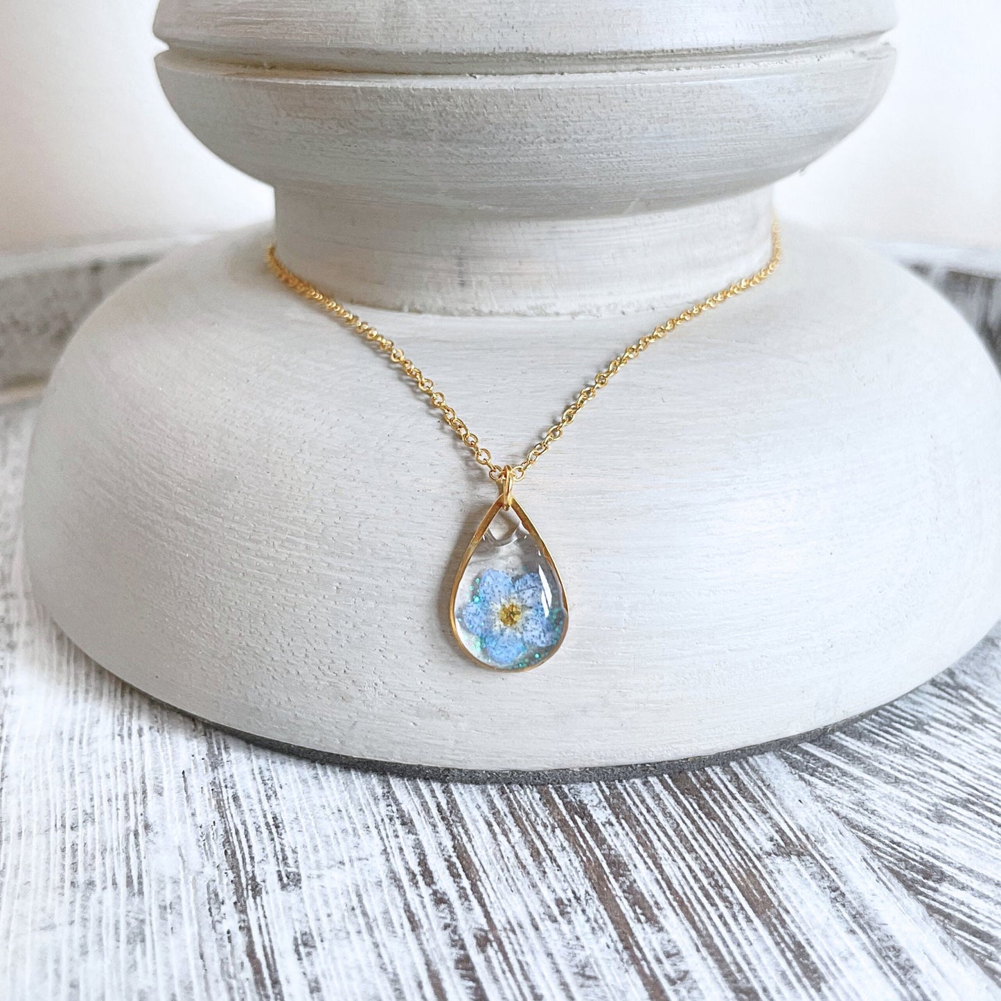 Real Forget Me Not Flower Teardrop Necklace