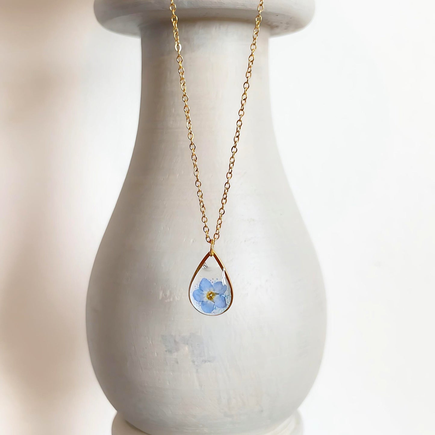 Real Forget Me Not Flower Teardrop Necklace